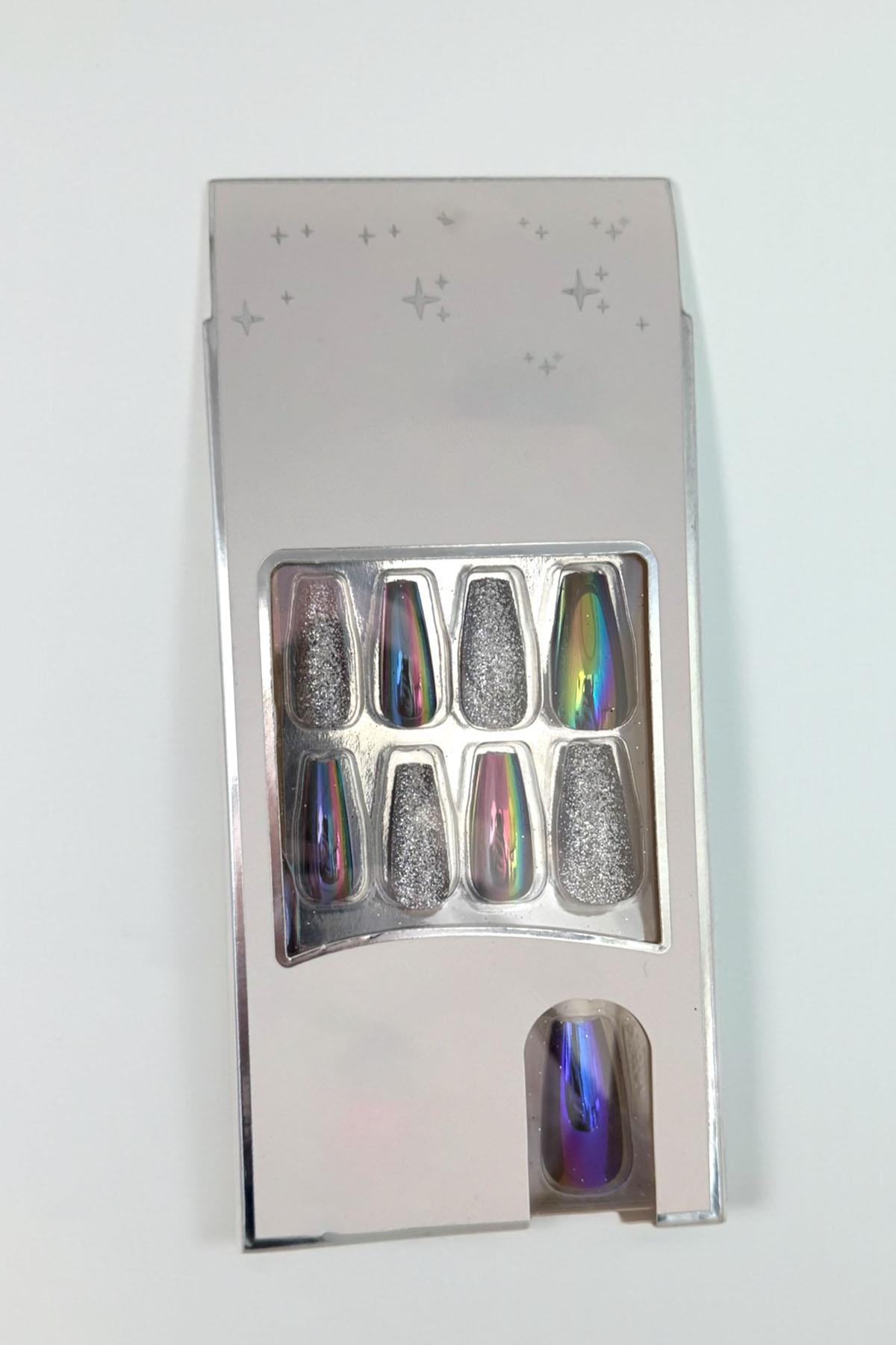 24lü Gümüş Renk Simli Ve Hologramlı Takma Tırnak (Yapıştırıcılı)