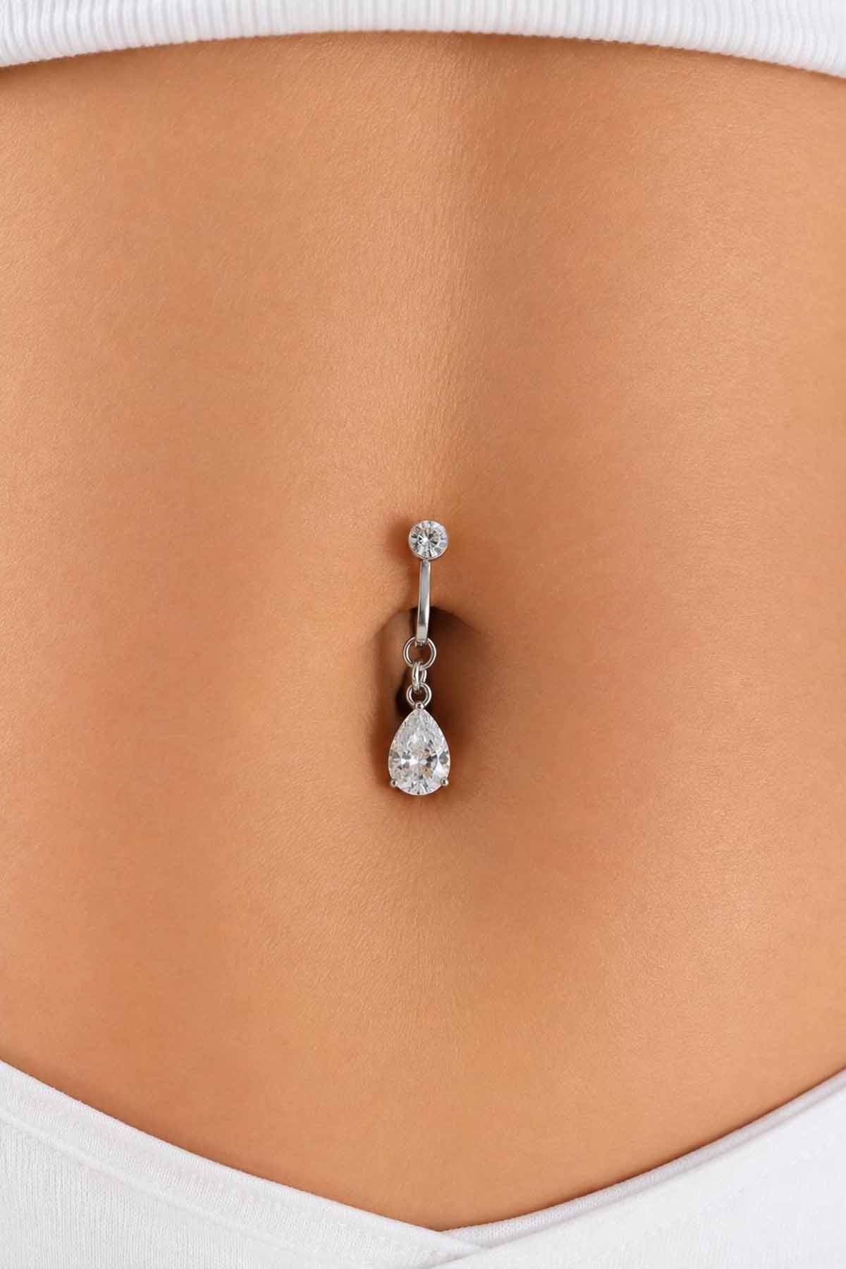 Gümüş Renk Taşlı Delik Gerektirmeyen Cerrahi Çelik Göbek Piercing