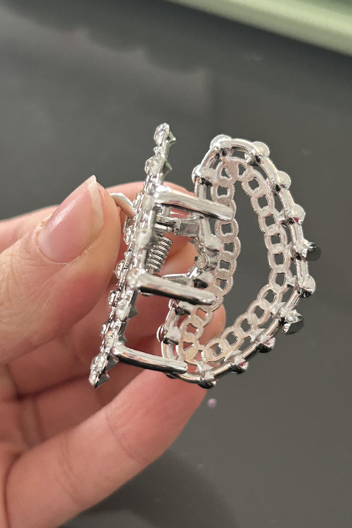 Gümüş Renk Taş Detaylı Mini Metal Mandal Toka