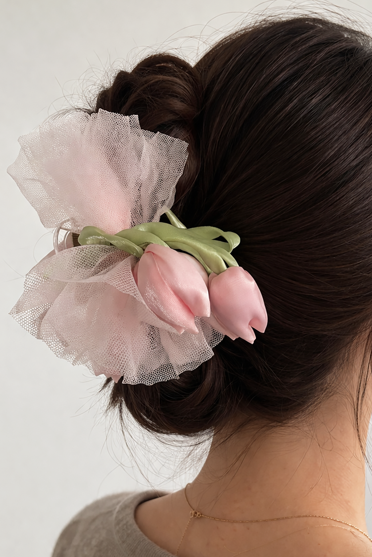 Pembe Renk Lale Figürlü Tül Detaylı Mandal Toka