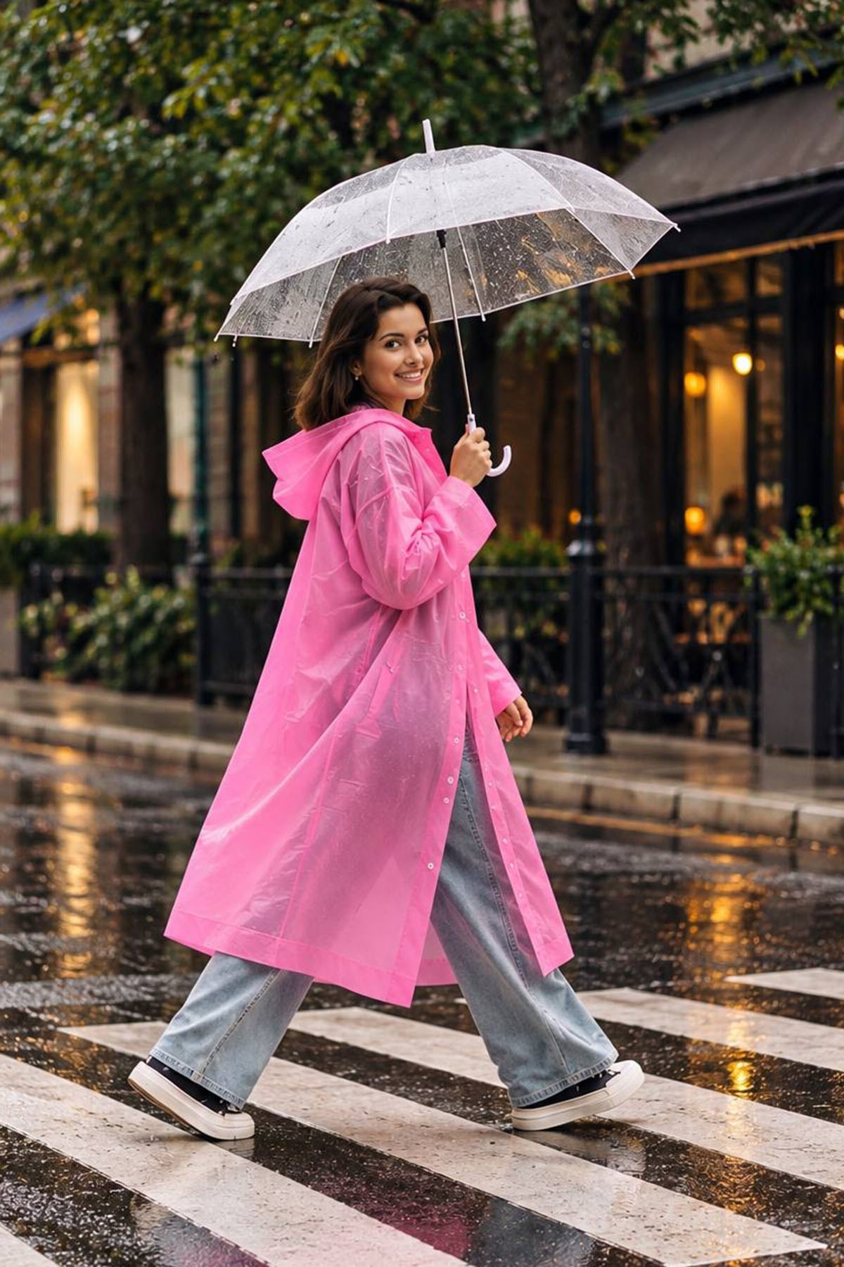 Pembe Renk Kapüşonlu Unisex Yetişkin Yağmurluk