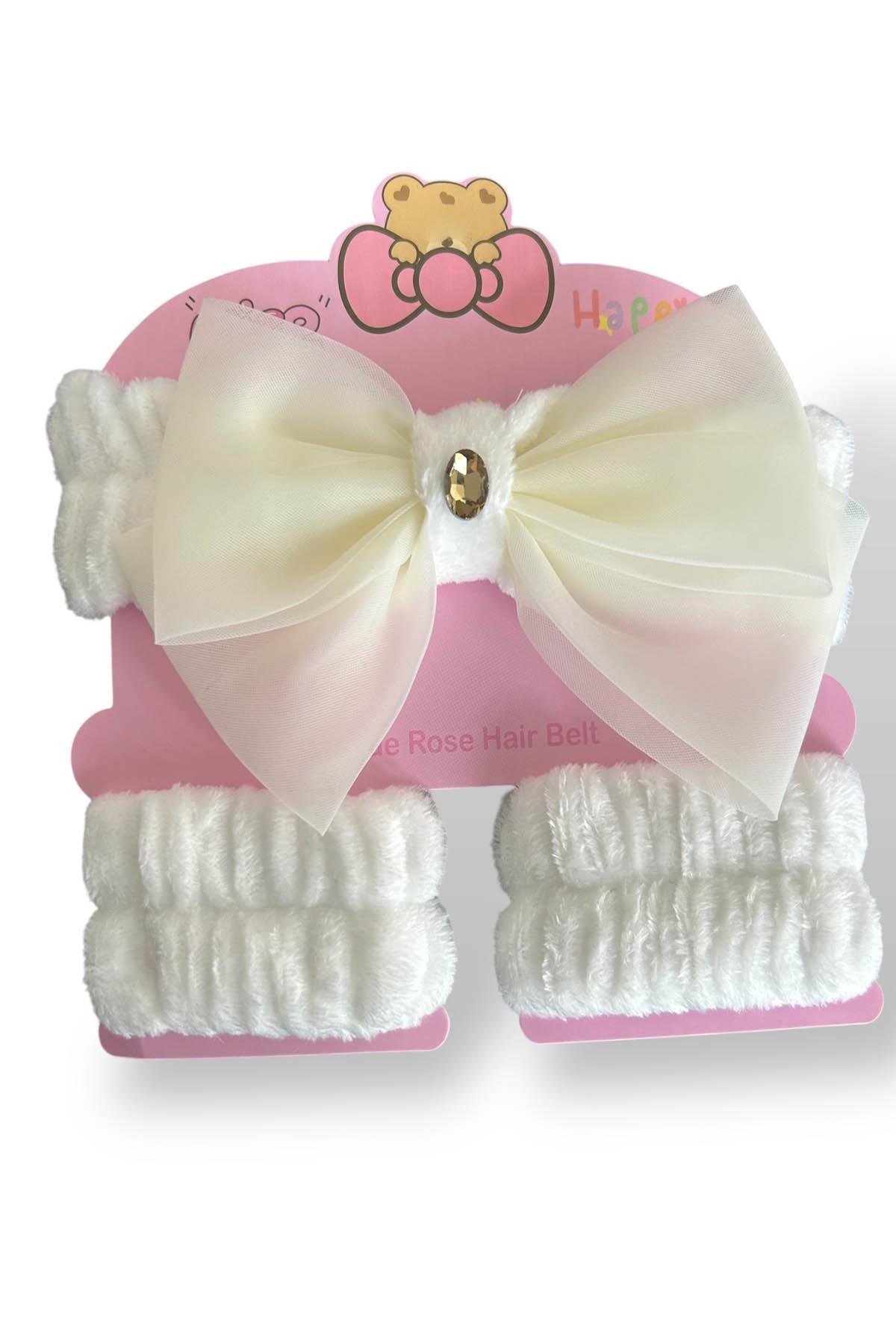Beyaz Renk Fiyonk Detaylı Su Emici Havlu Bileklik Saç Bandı 