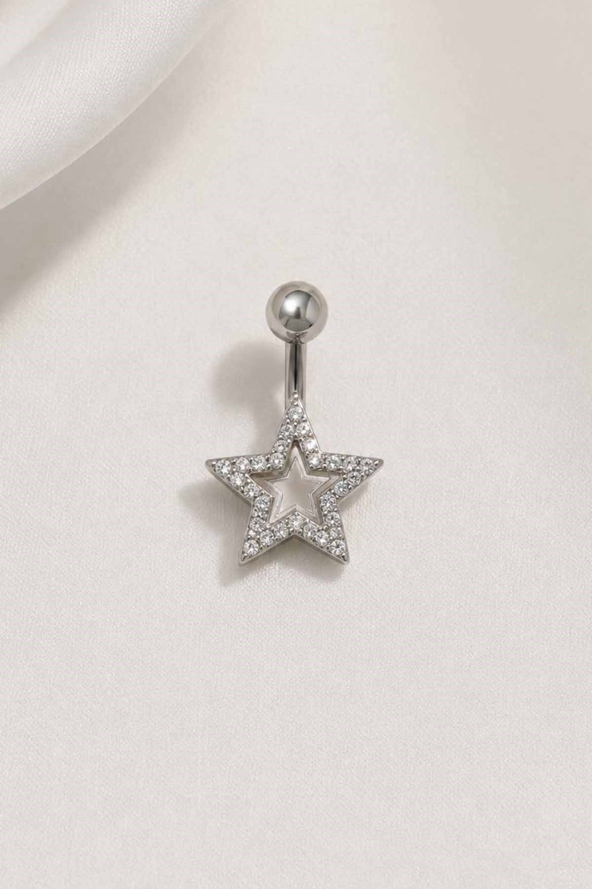 Gümüş Renk Yıldız Figürlü Taşlı Cerrahi Çelik Göbek Piercing