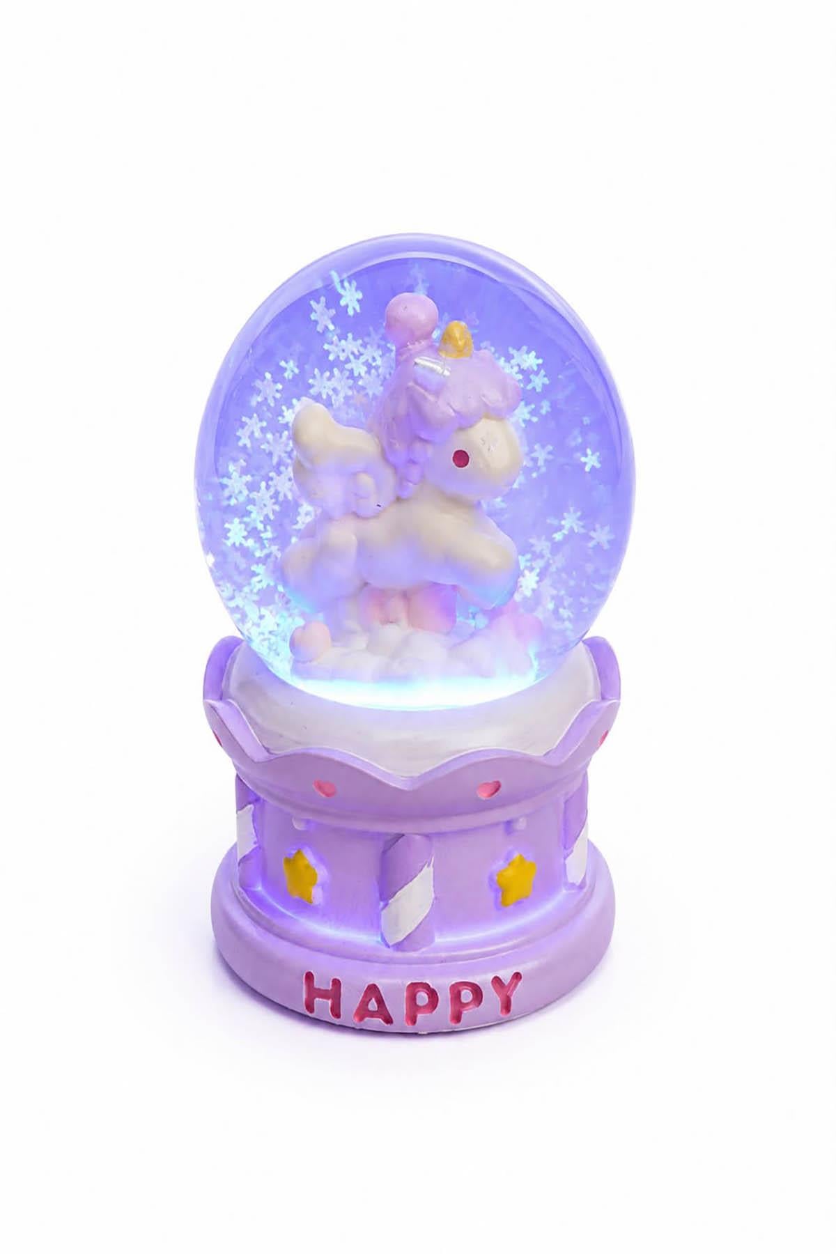 Mor Renk Unicorn Figürlü Işıklı Küçük Kar Küresi