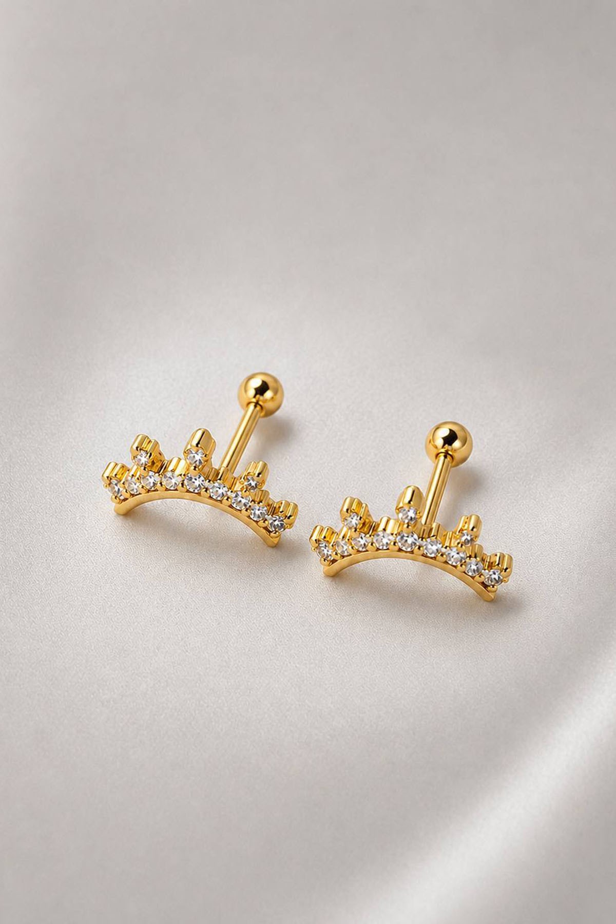 2li Altın Renk Taş Detaylı Tx Tragus/Kıkırdak Küpe/Piercing 