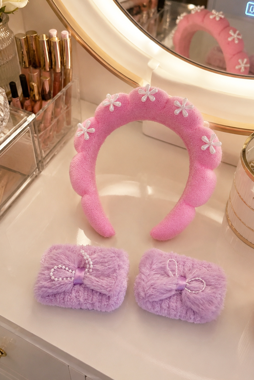 Pembe Renk İncili Spa Saç Bandı Ve Peluş Su Emici Havlu Bileklik Set