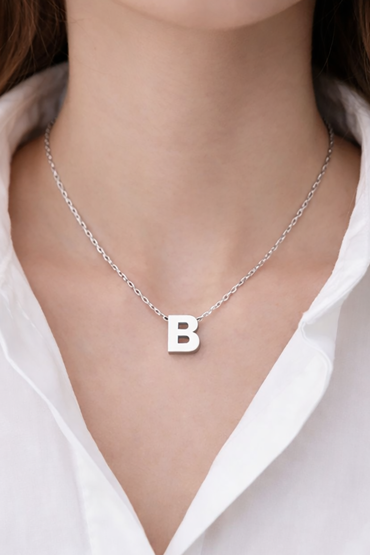 Gümüş Renk B Harf Çelik Kolye