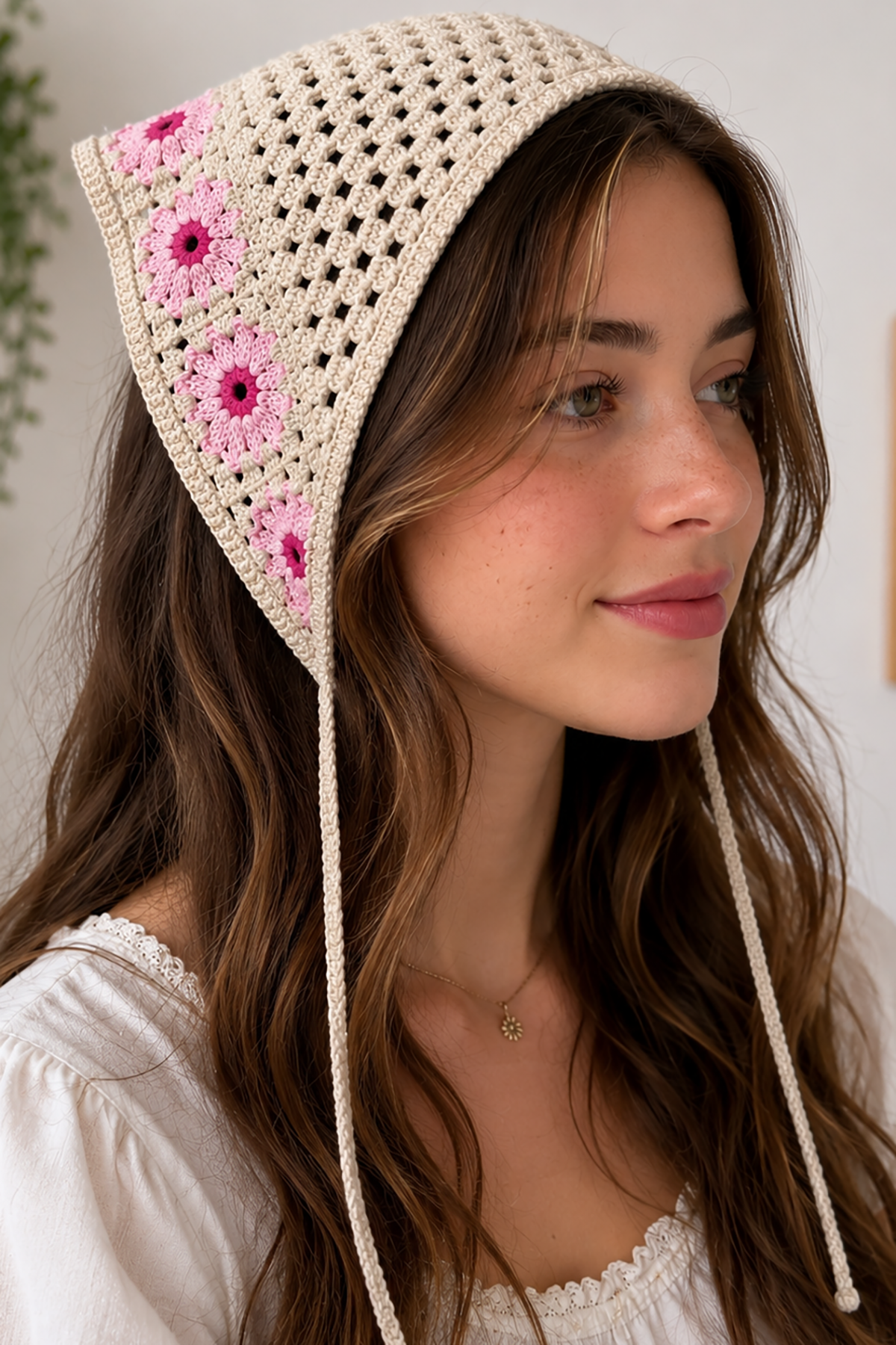 Pembe Renk Çiçek Desenli Örgü Saç Bandana