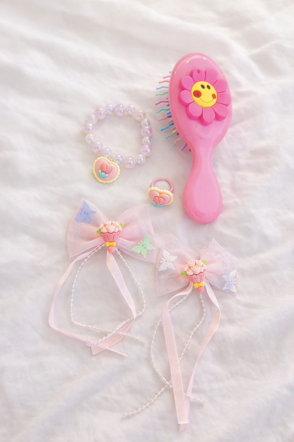 Koyu Pembe Renk Çocuk Tarak,Bileklik,Yüzük Ve Toka Set