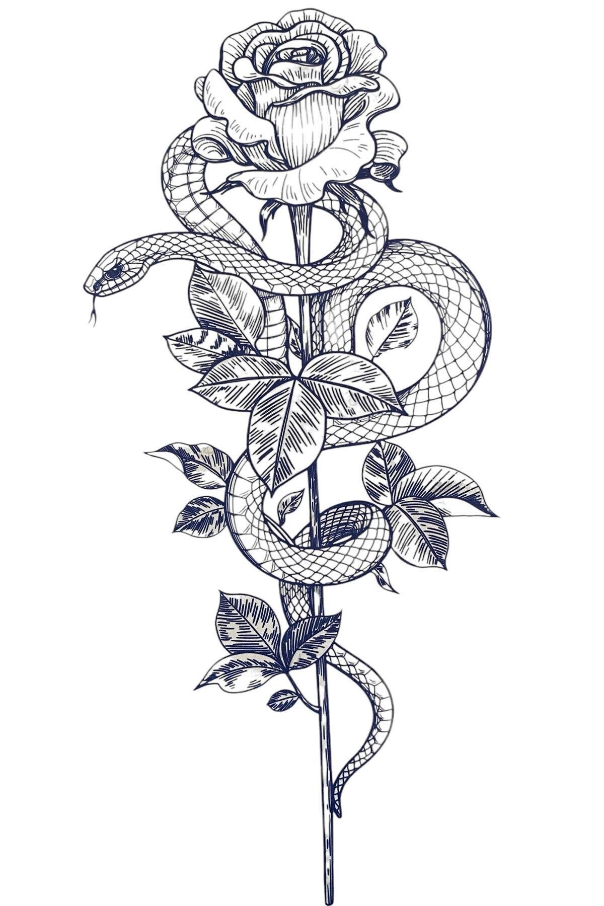 Yılan Figürlü Çiçek Detaylı Sonradan Kararan Yarı Kalıcı Geçici Dövme Tattoo