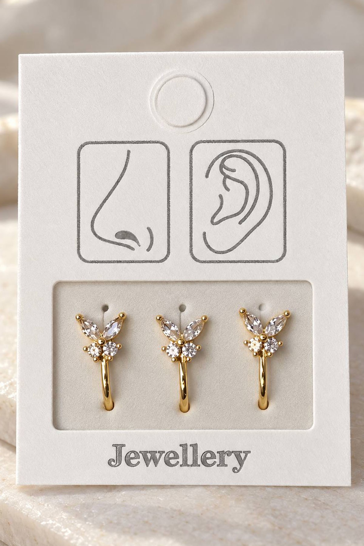 Altın Renk Kelebek Figürlü Deliksiz Kulak/Burun 3lü Piercing Set