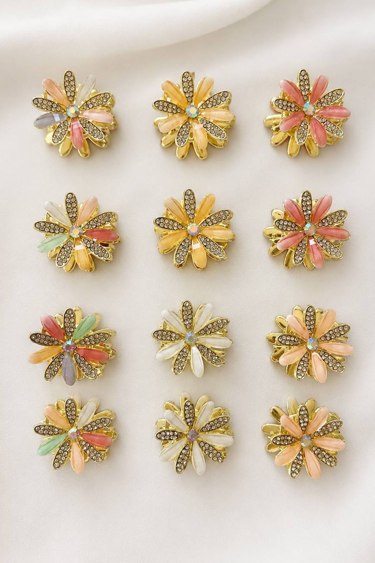 12li Karışık Renk Çiçek Figürlü Taş Detaylı Metal Mandal Toka Set