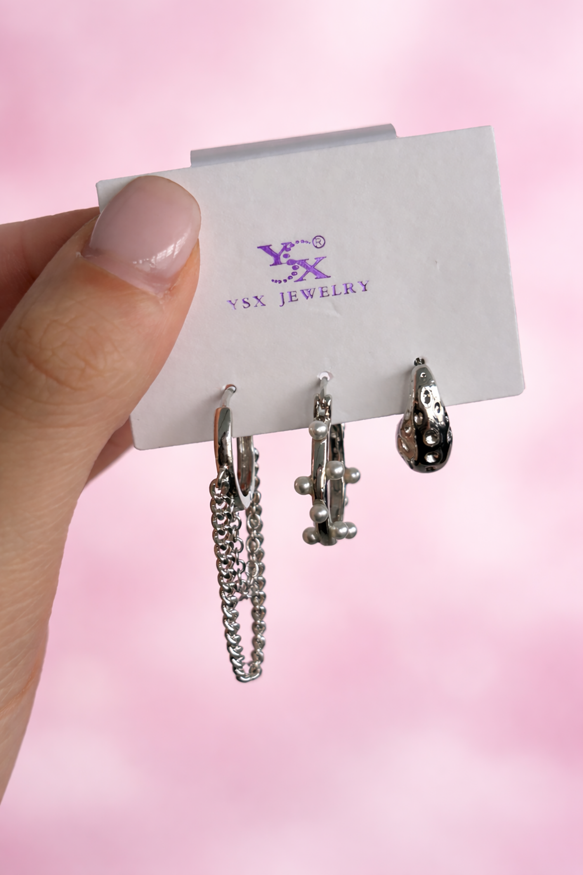 Gümüş Renk İnci Detaylı 3lü YSX Küpe Set