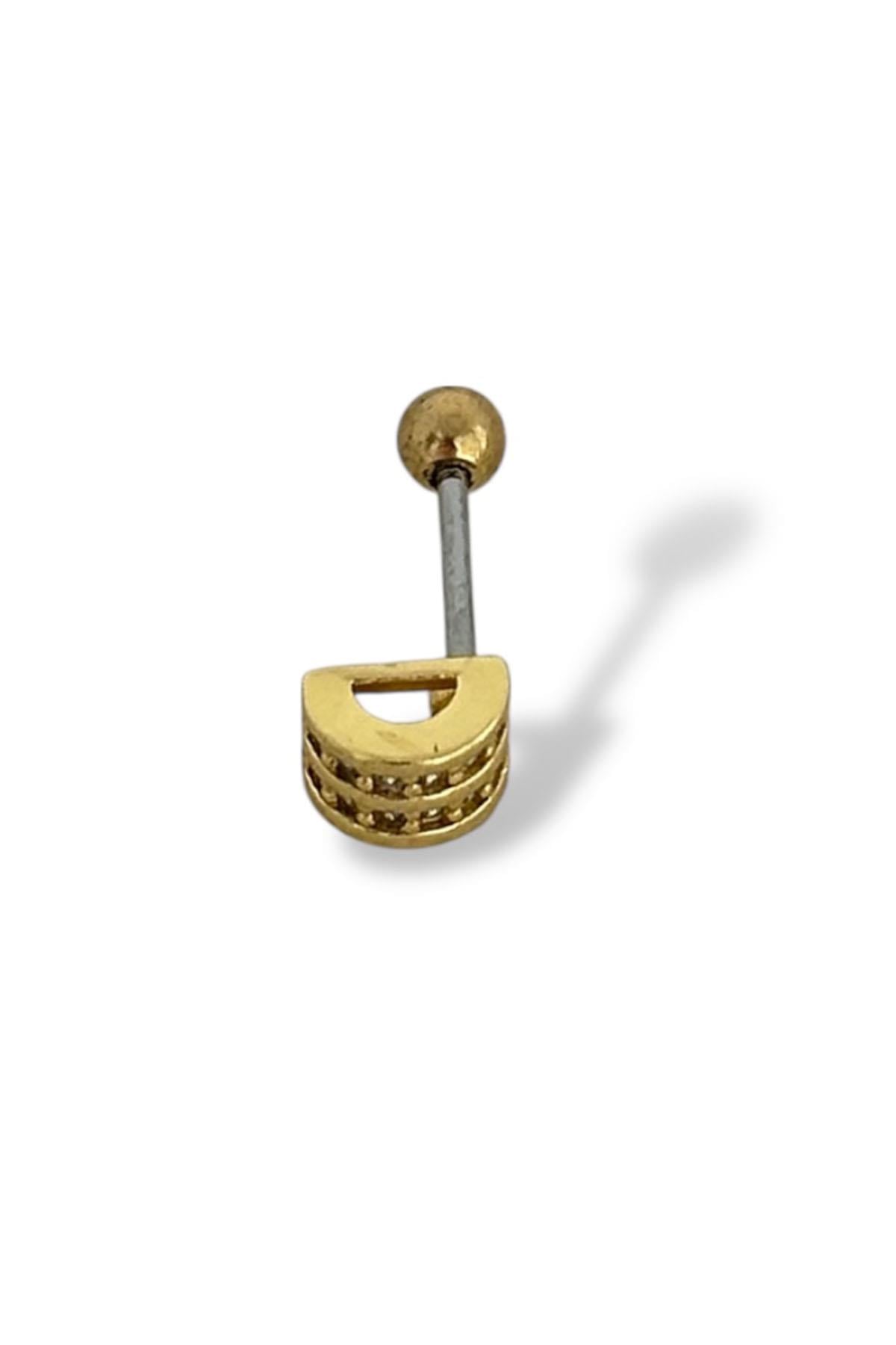 Altın Renk Taş Detaylı Çelik Tragus/Kıkırdak Küpe/Piercing (Tek)