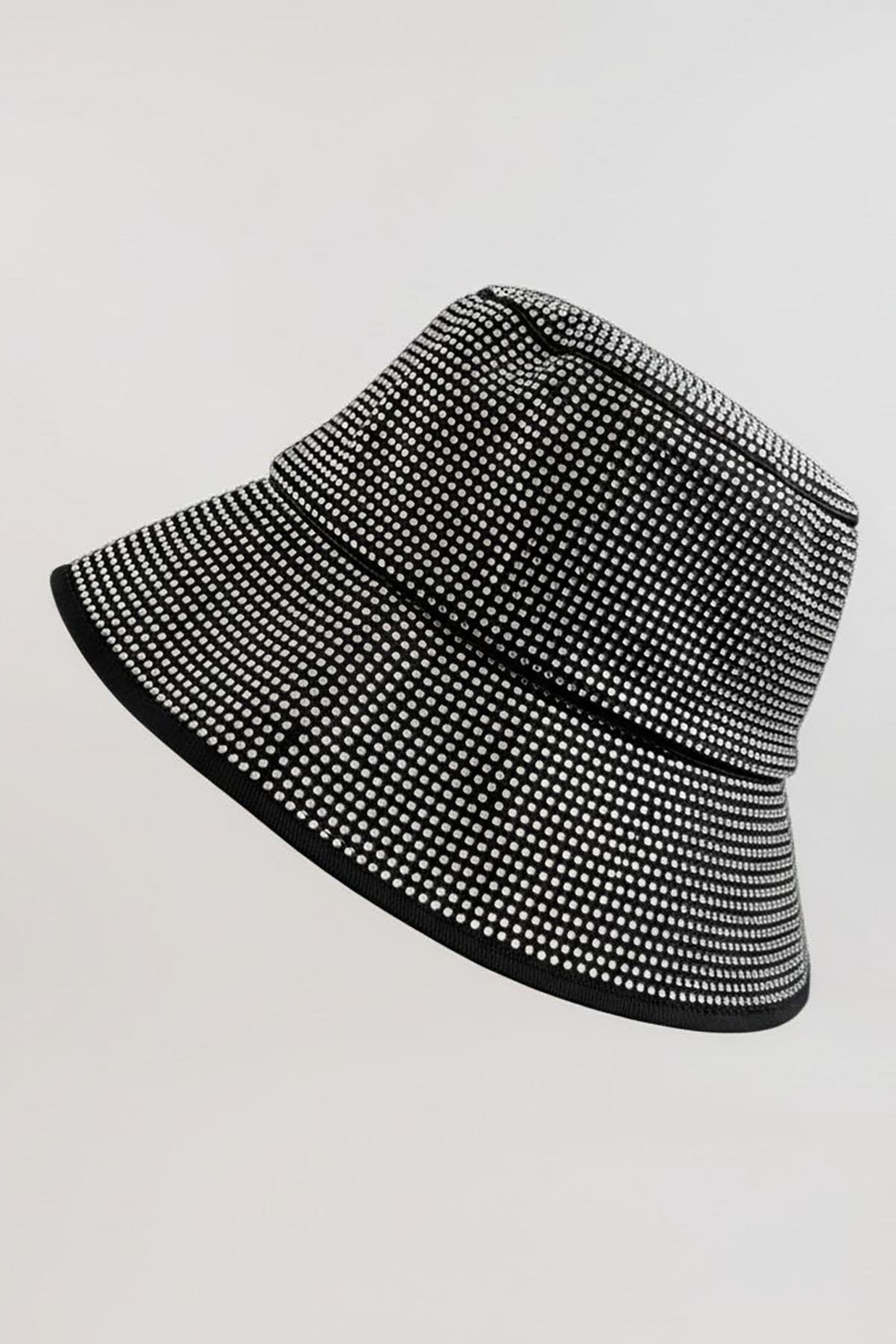 Siyah Renk Taşlı Bucket Şapka