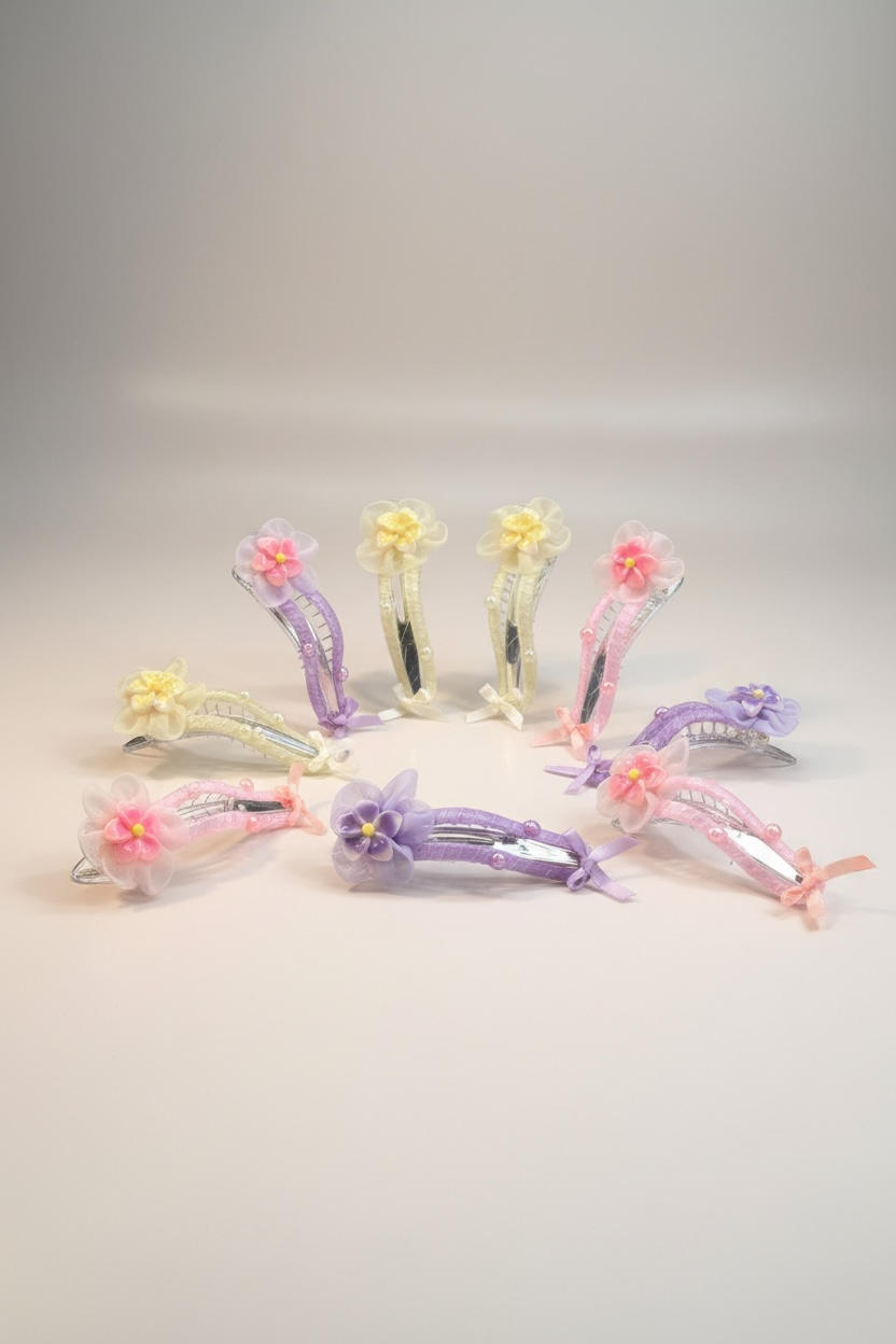 12li Karışık Renk Çiçek Figürlü Pens Toka Set