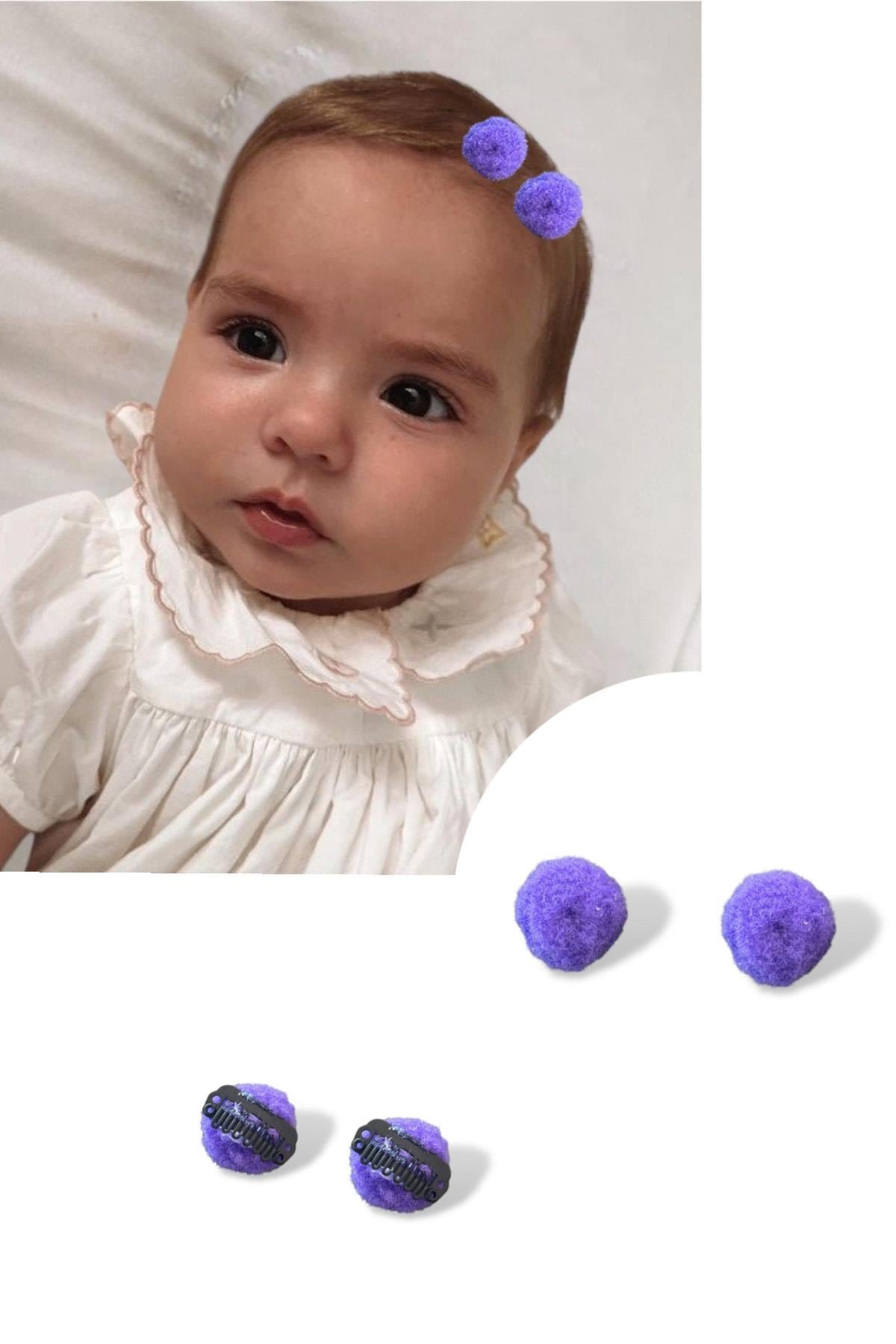 2li Mor Renk Ponponlu Saçsız Bebek Tokası