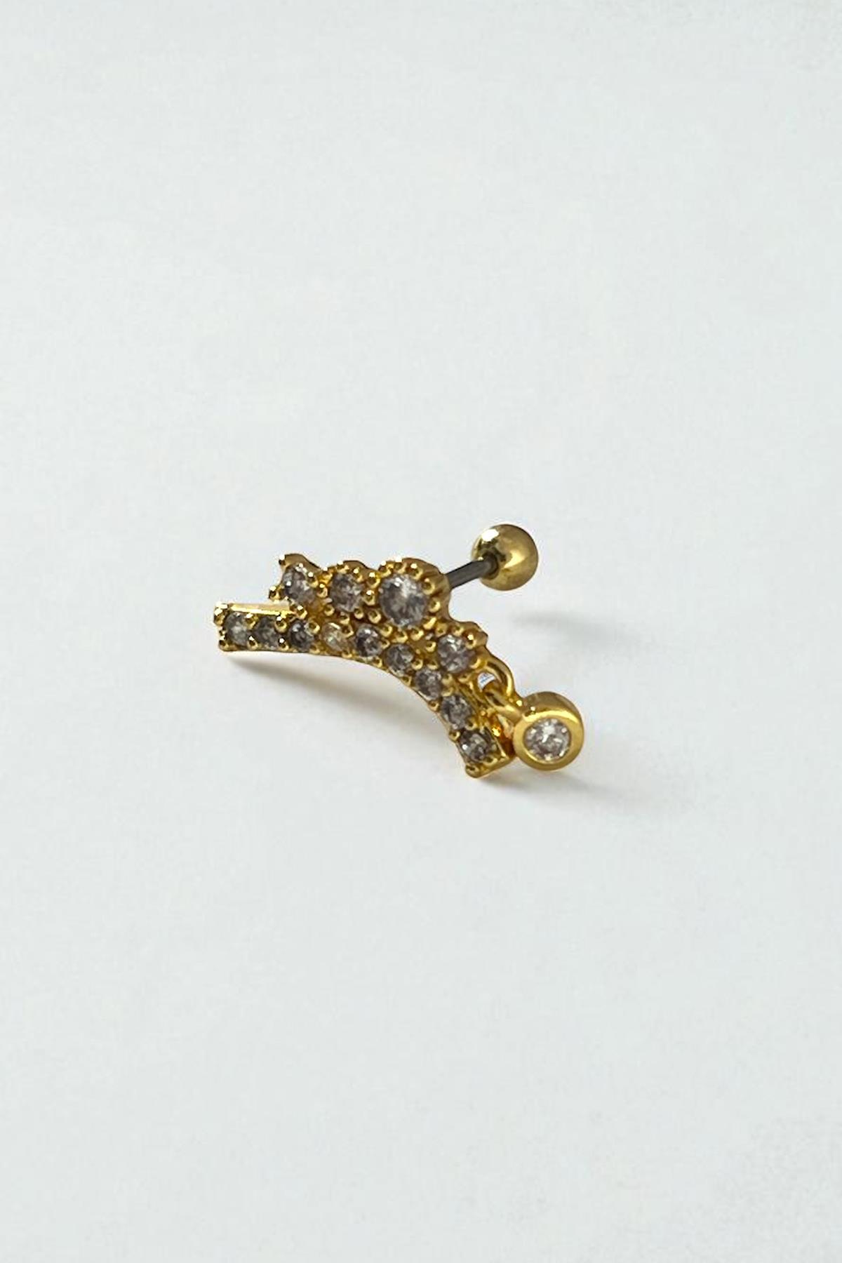 Altın Renk Taş Detaylı Çelik Tragus/Kıkırdak Küpe/Piercing (Tek)