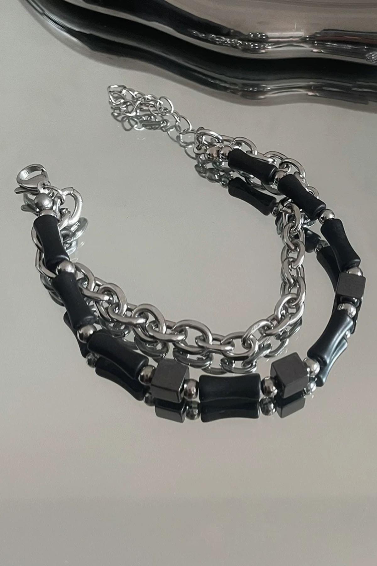 Karışık Renk Zincir Ve Boncuk Detaylı Çelik Erkek Bileklik