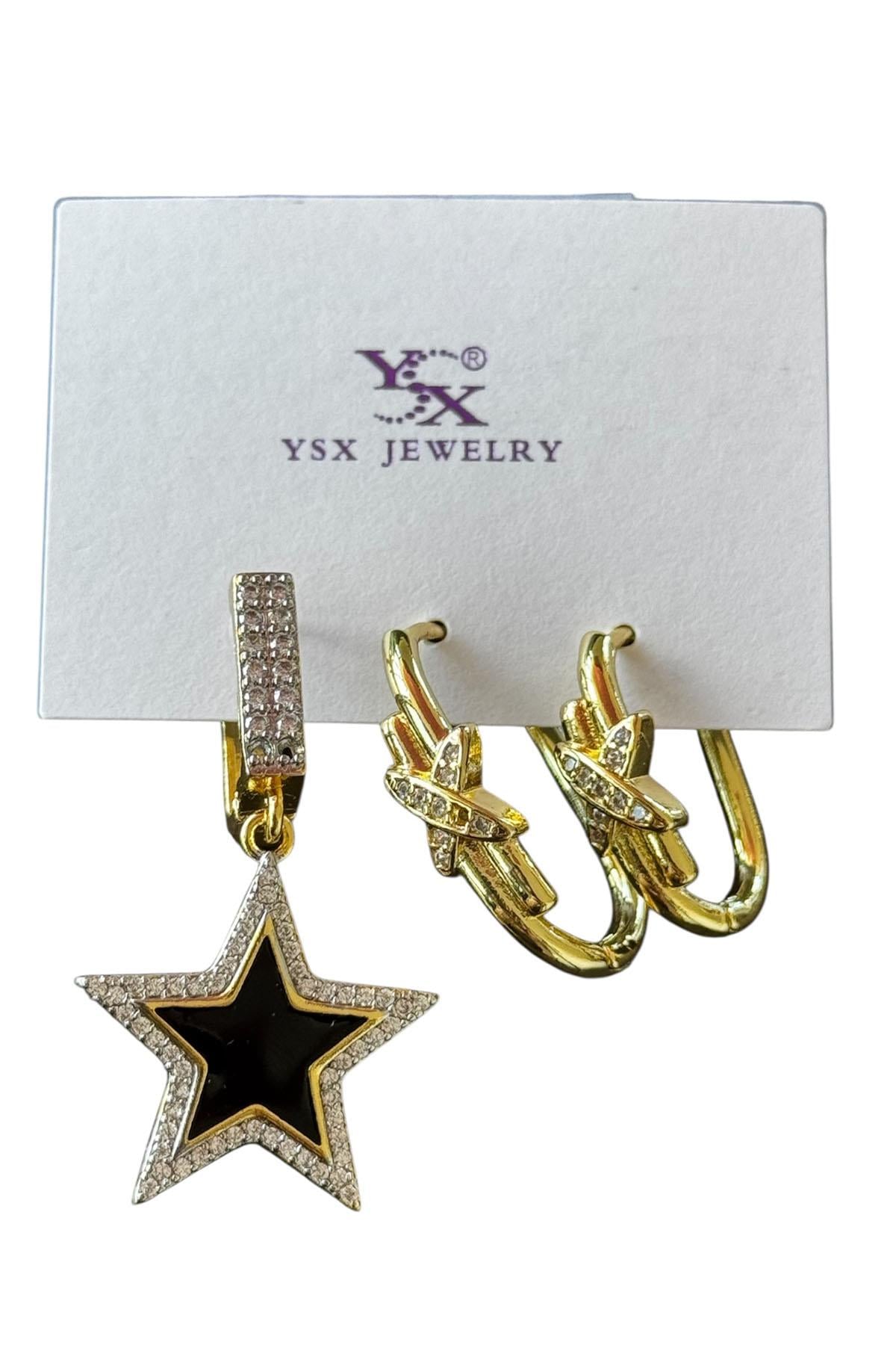 Altın Renk Yıldız Detaylı Taş Detaylı VİP 3lü YSX Küpe Set 