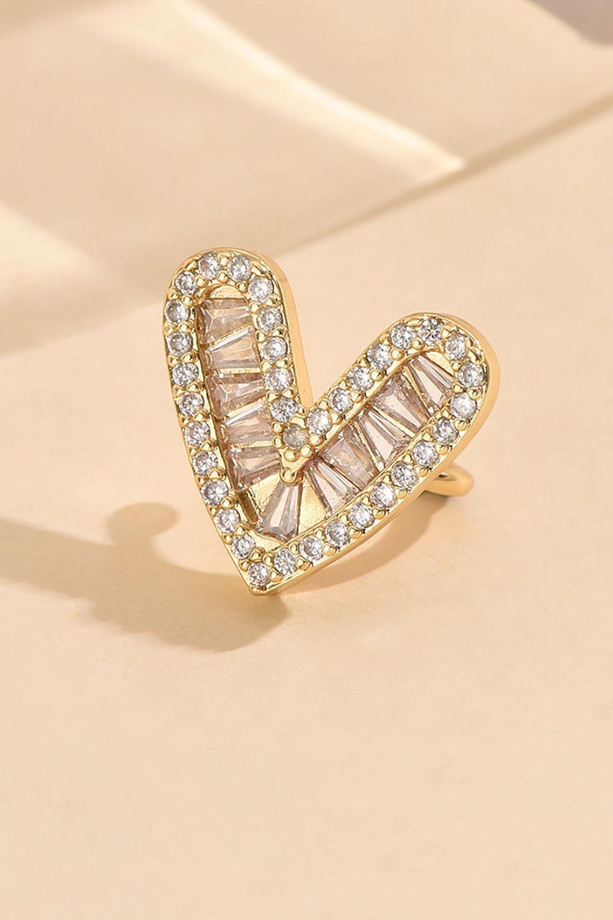 Altın Renk Kalp Figürlü Taş Detaylı Ear Cuff (Tek)
