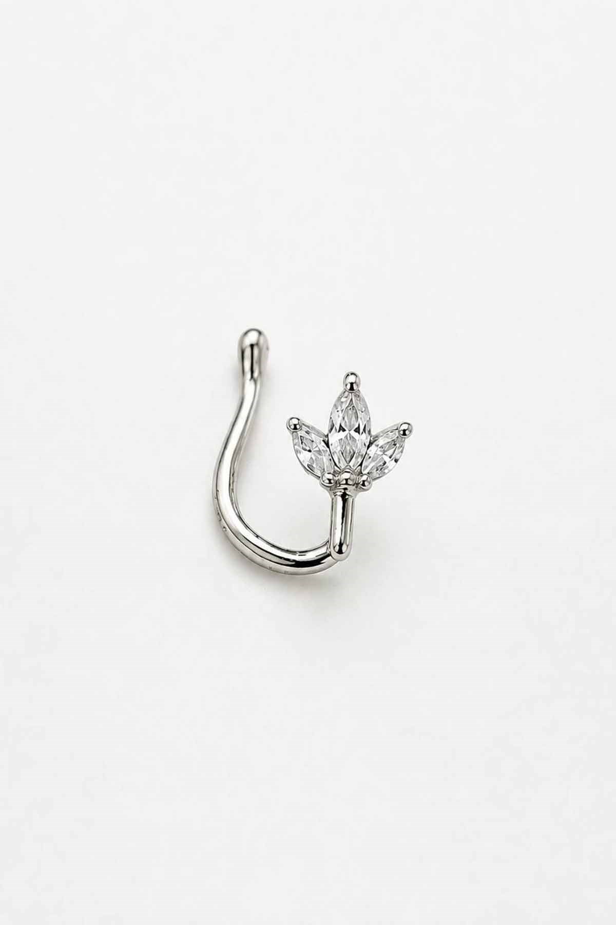Gümüş Renk Taş Detaylı Cerrahi Çelik Deliksiz Kulak/Burun Piercing 