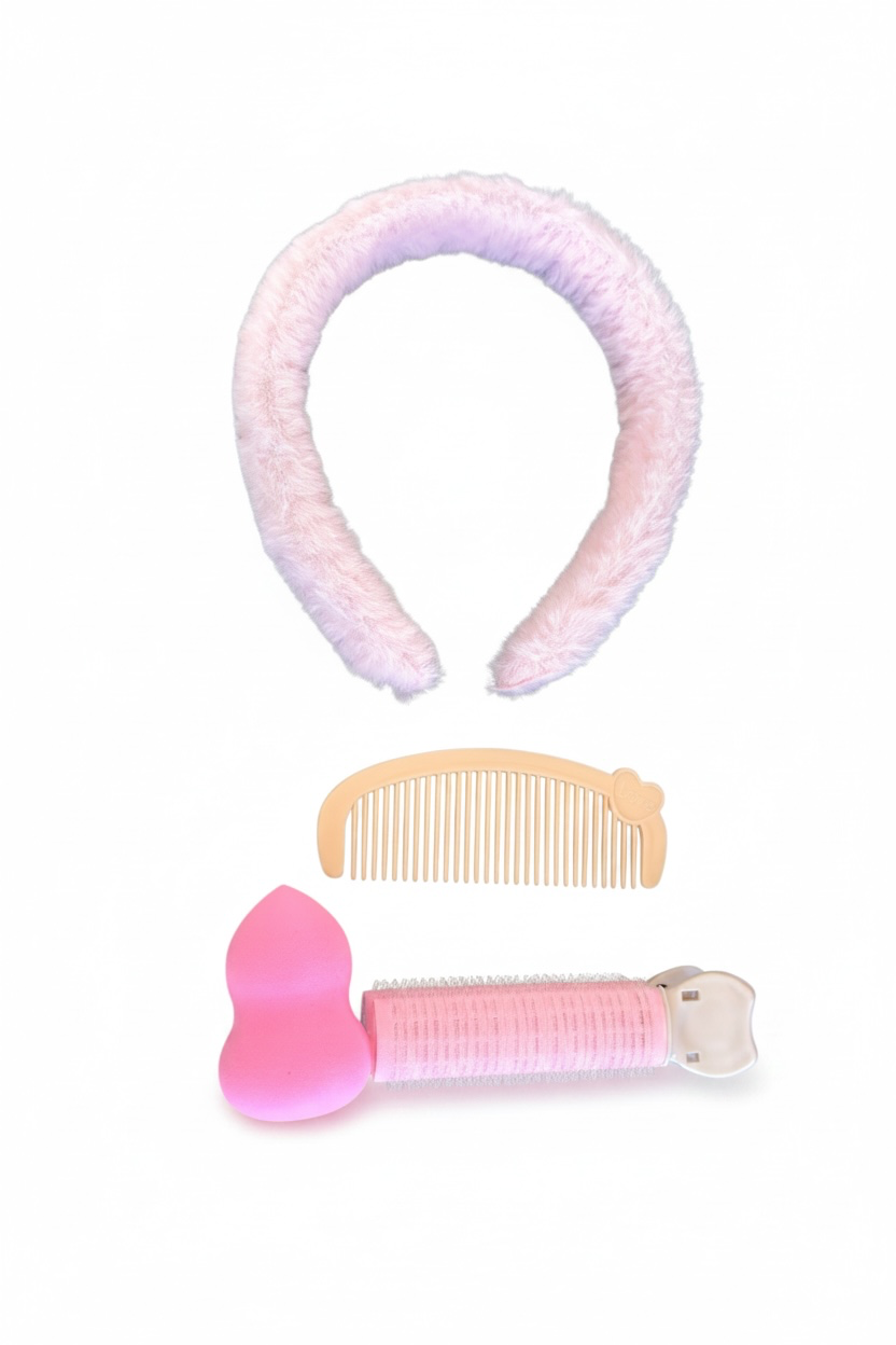 Pembe Renk Taç,Tarak,Saç Kabartma Tokası Ve Sünger Set