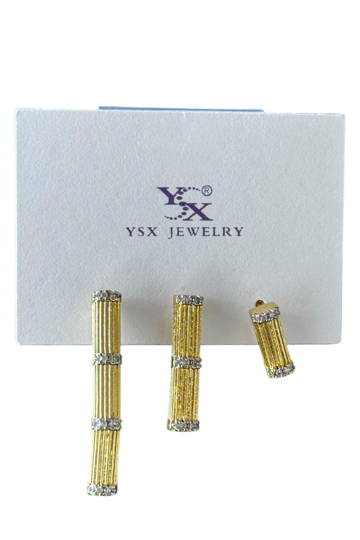 Altın Renk Taş Detaylı VİP 3lü YSX Küpe Set 