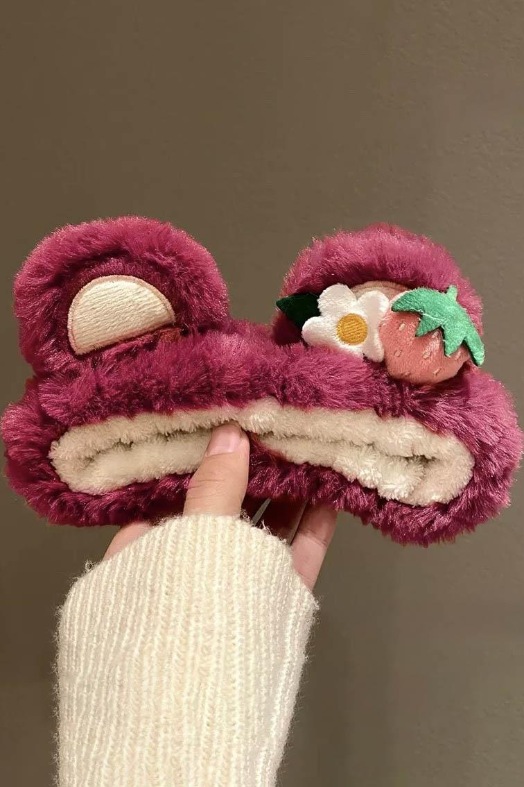 Fuşya Renk Çilek Ve Çiçek Figürlü Kulak Detaylı Peluş Saç Bandı