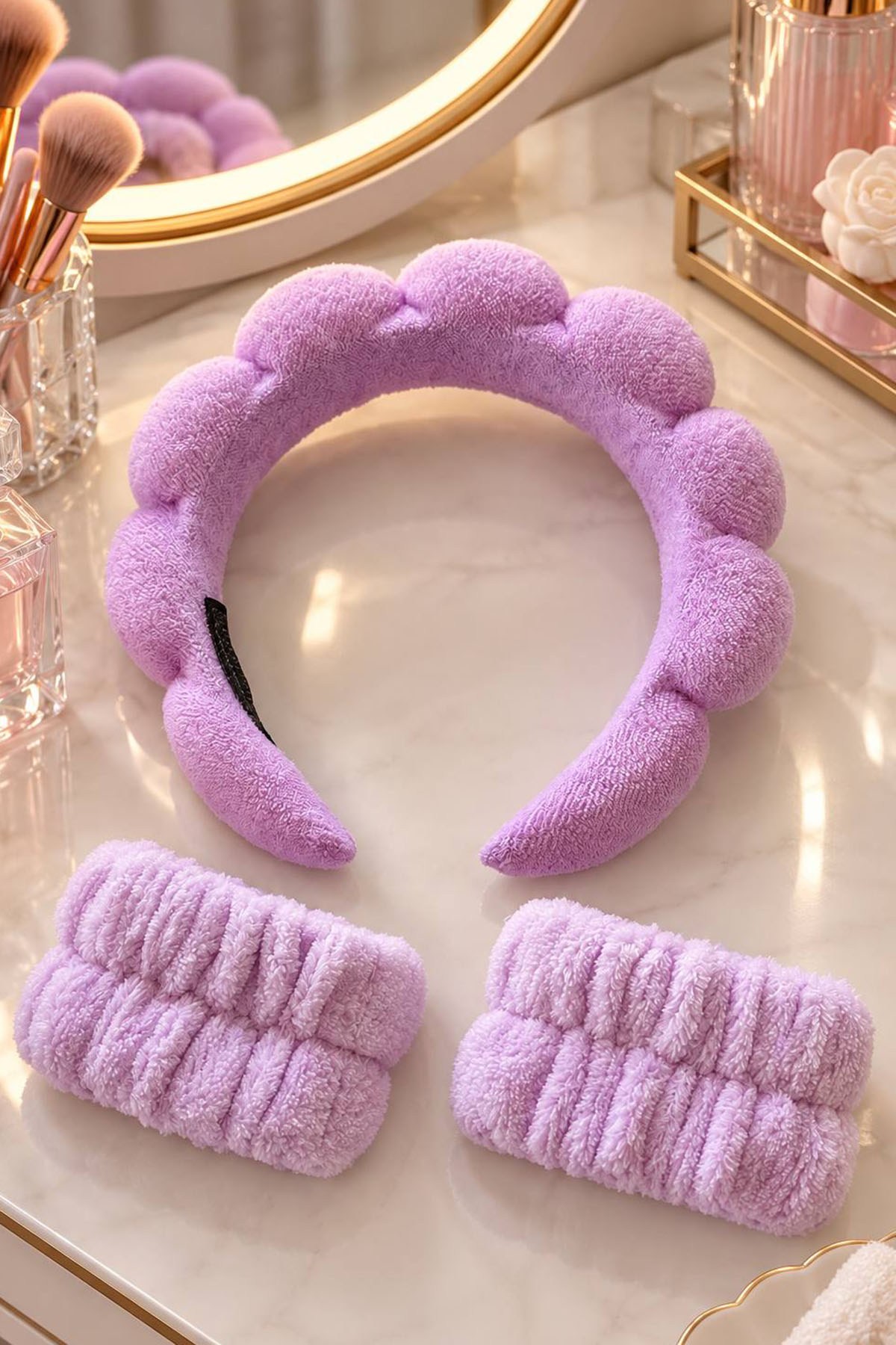 Mor Renk Spa Taç Ve Peluş Su Emici Havlu Bileklik Set