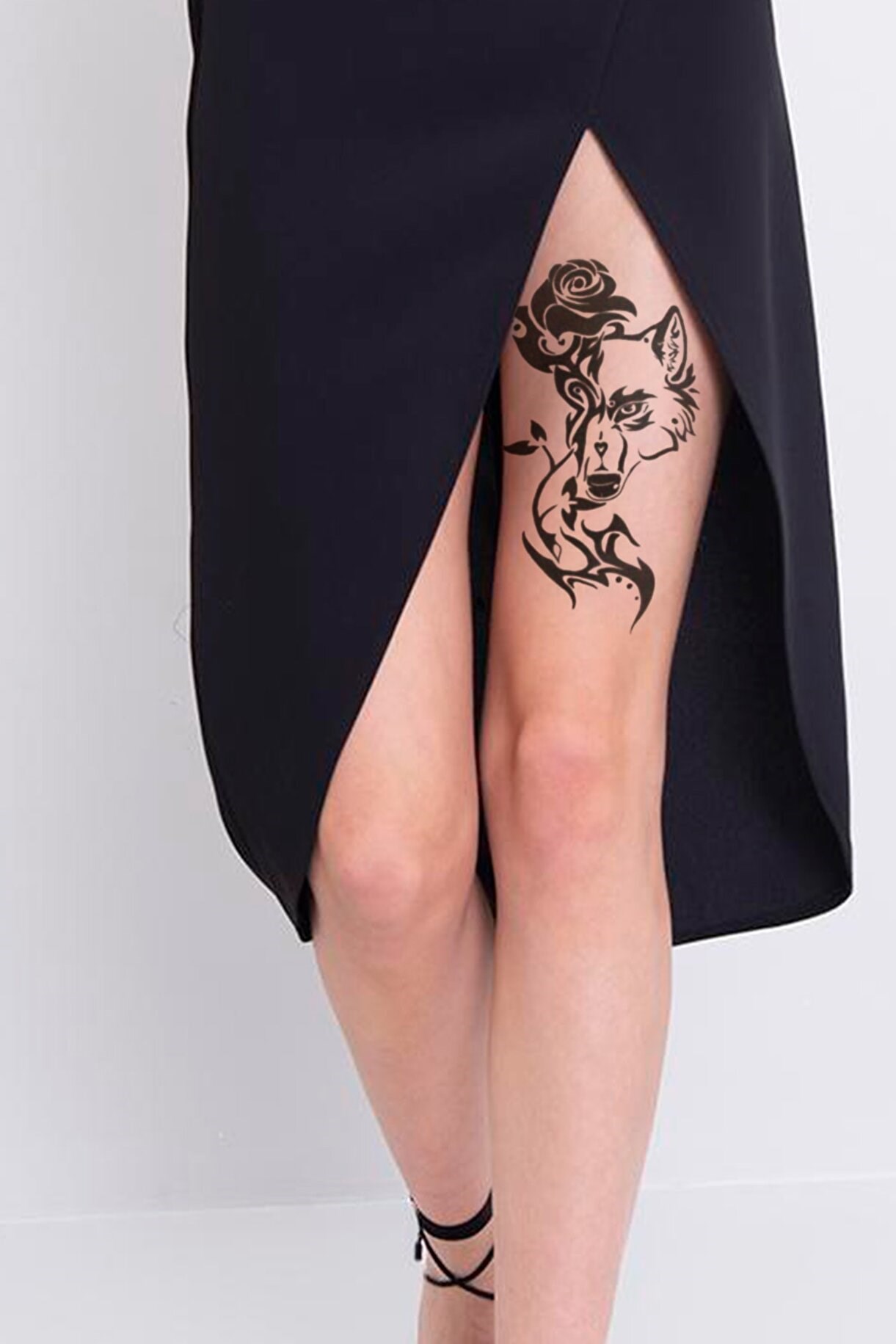 Gerçekçi Geçici Tribal Kurt Ve Gül Dövme Tattoo