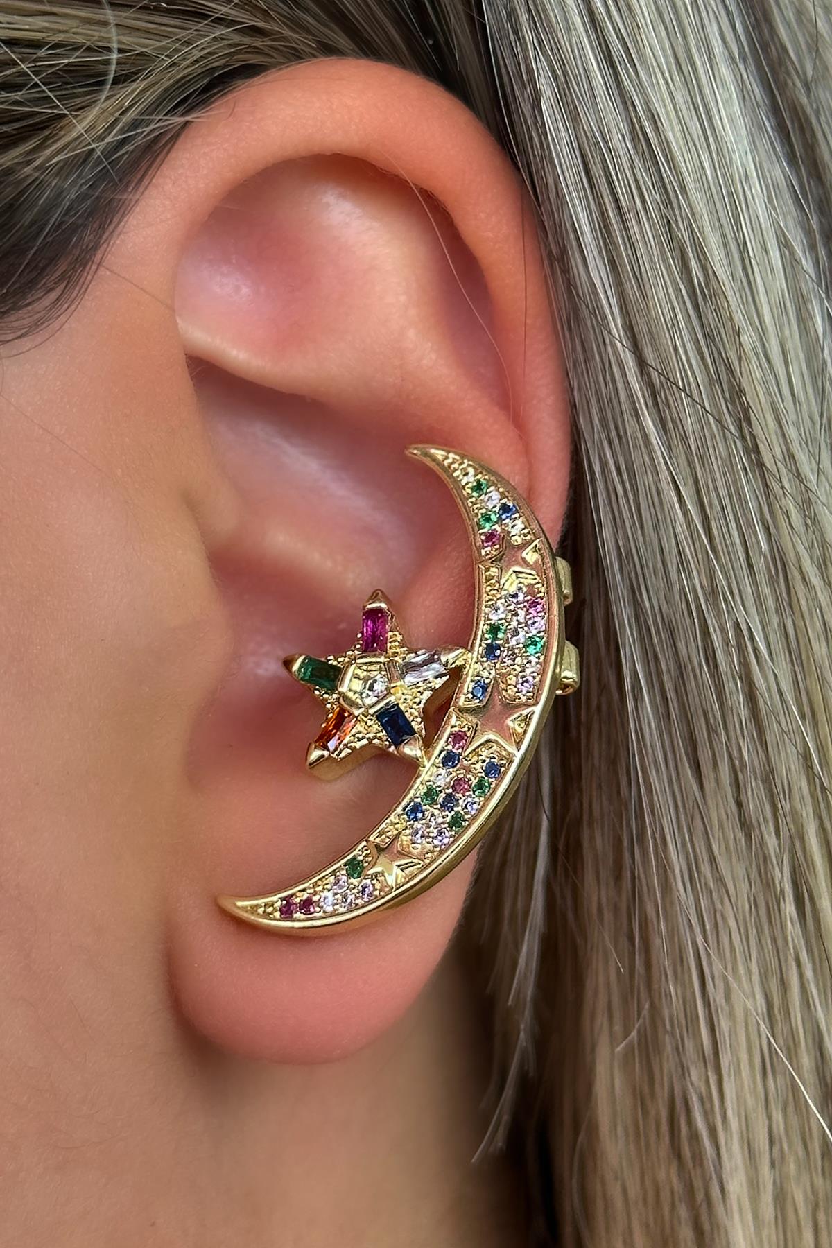 Altın Renk Ay Ve Yıldız Figürlü Taş Detaylı  Ear Cuff (Tek)
