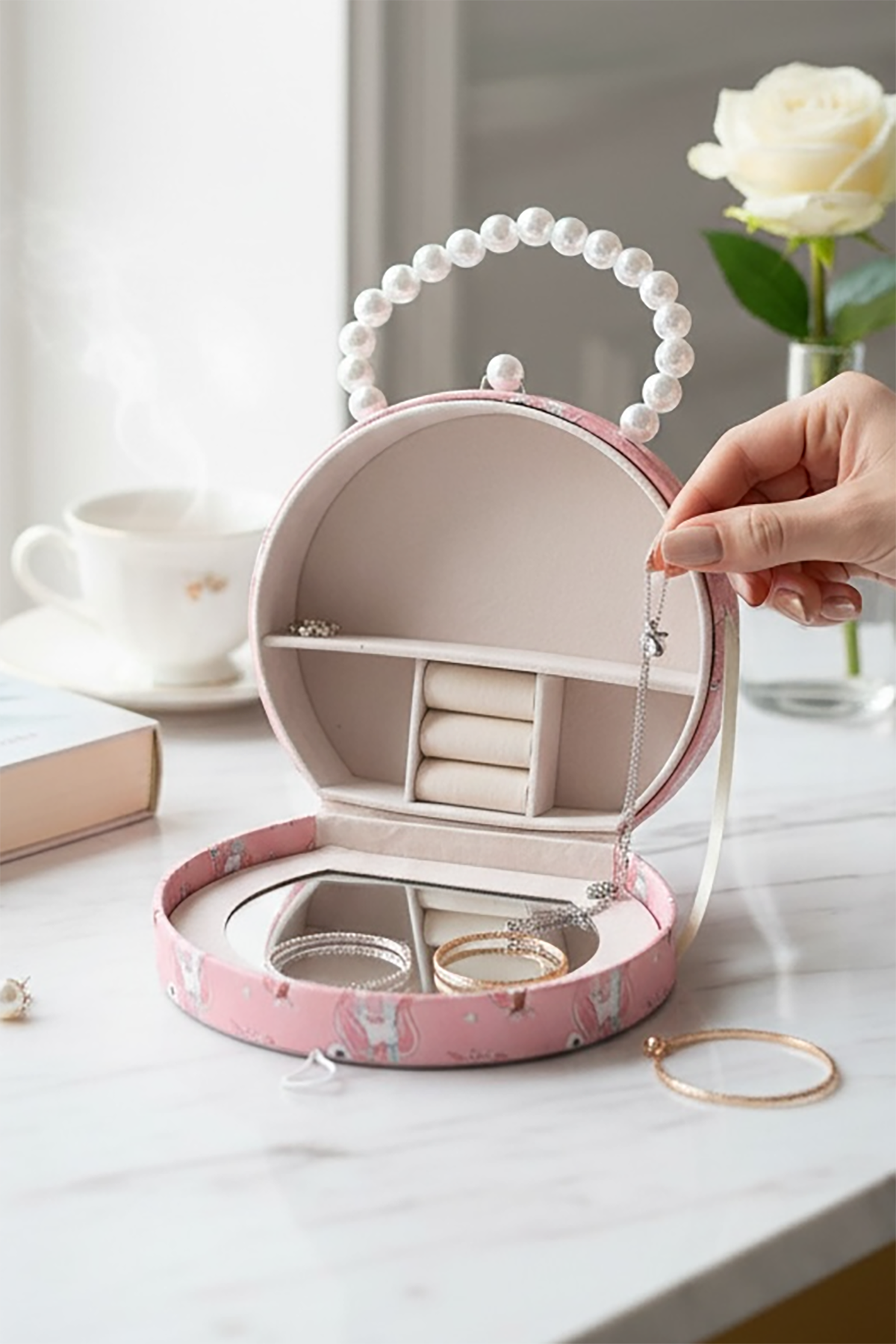 Pembe Renk Unicorn Figürlü İnci Detaylı Çanta Detaylı Takı Kutusu/Organizer