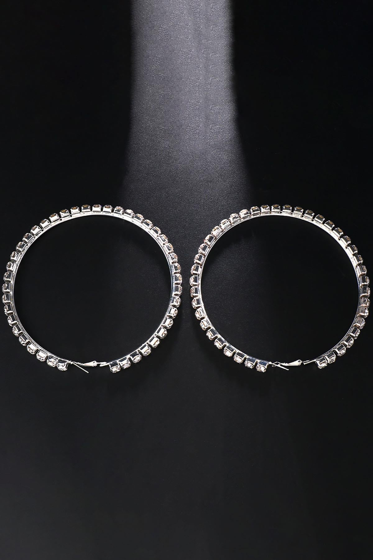 Gümüş Renk Taş Detaylı Halka Küpe 120Mm (Çift)