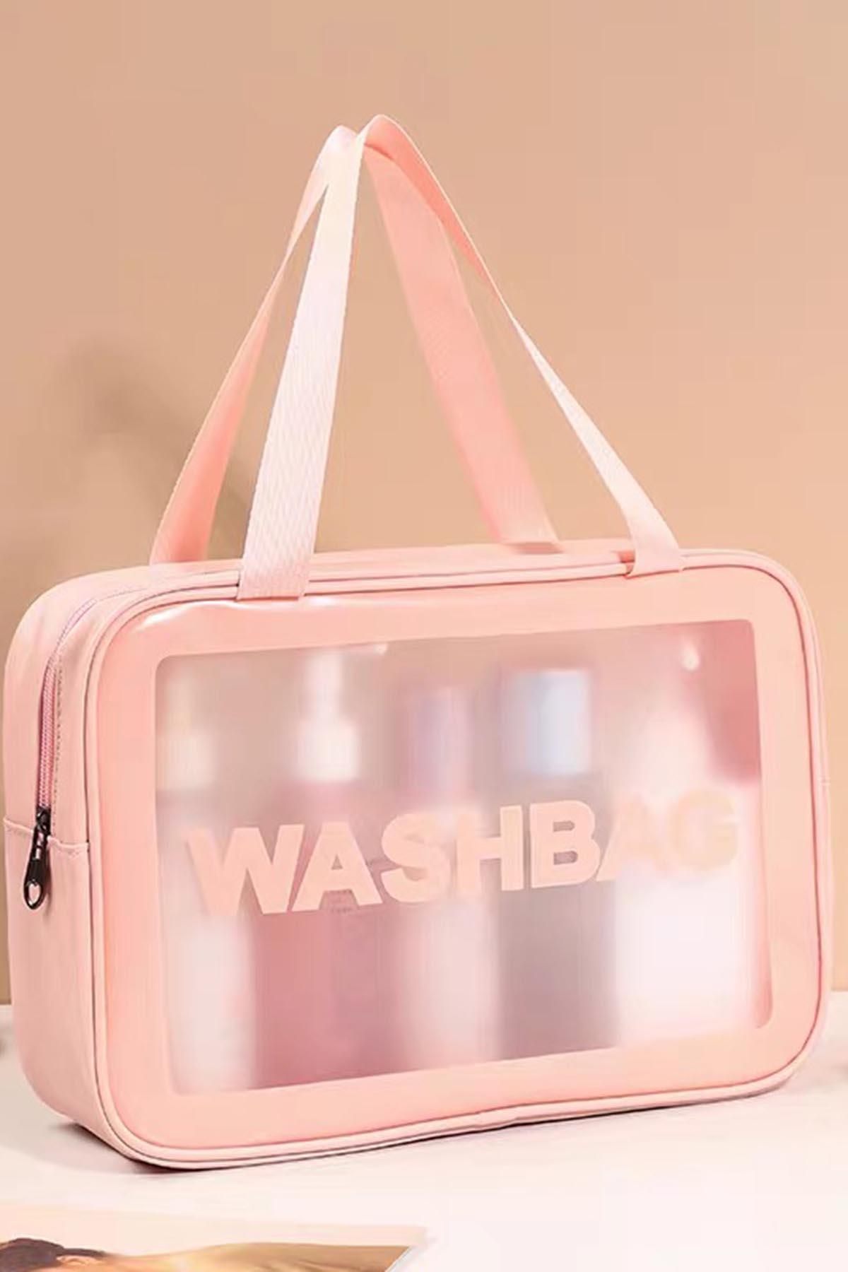Pembe Renk Washbag Yazılı Su Geçirmez Büyük Boy Makyaj Çantası