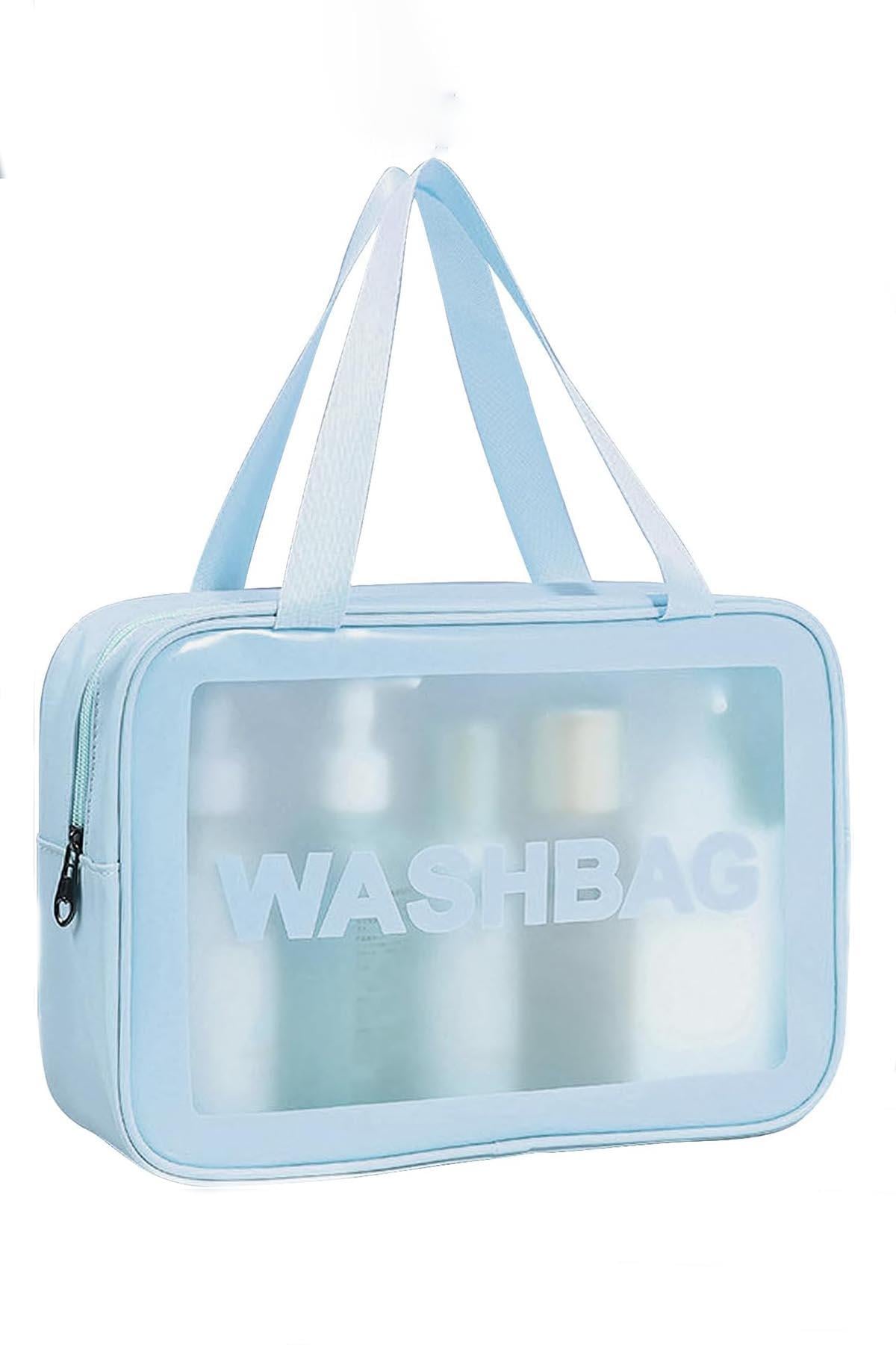 Mavi Renk Washbag Yazılı Su Geçirmez Büyük Boy Makyaj Çantası