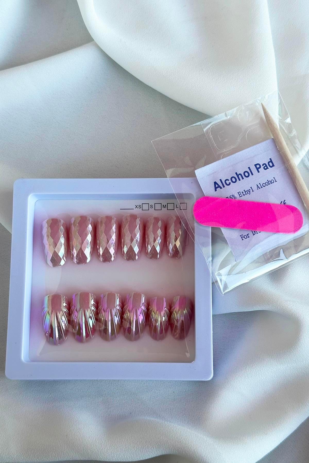 12li Pembe Renk Karışık Figürlü Jel Görünümlü Takma Tırnak Set (Yapıştırıcılı)