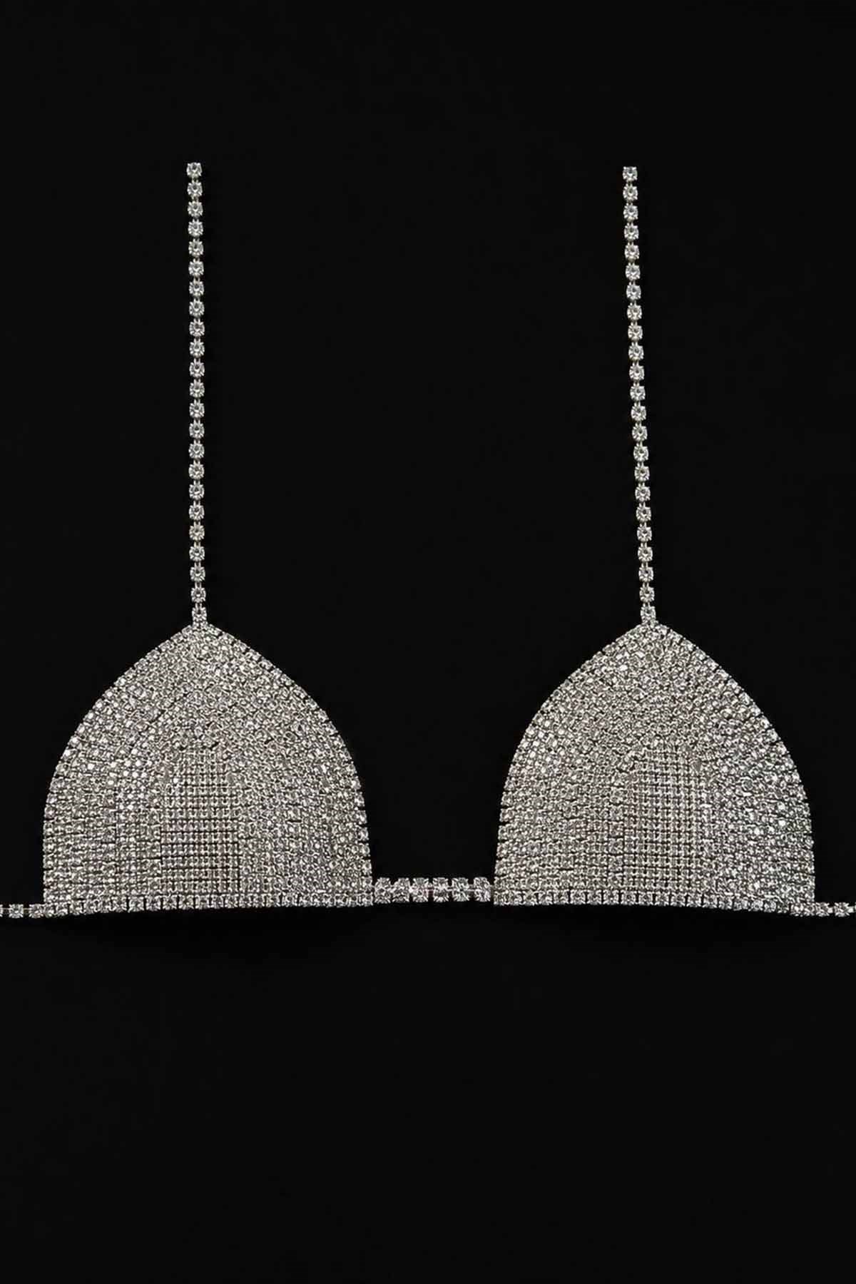 Gümüş Renk Taş Detaylı Bikini Üstü /Bralet /Vücut Aksesuarı