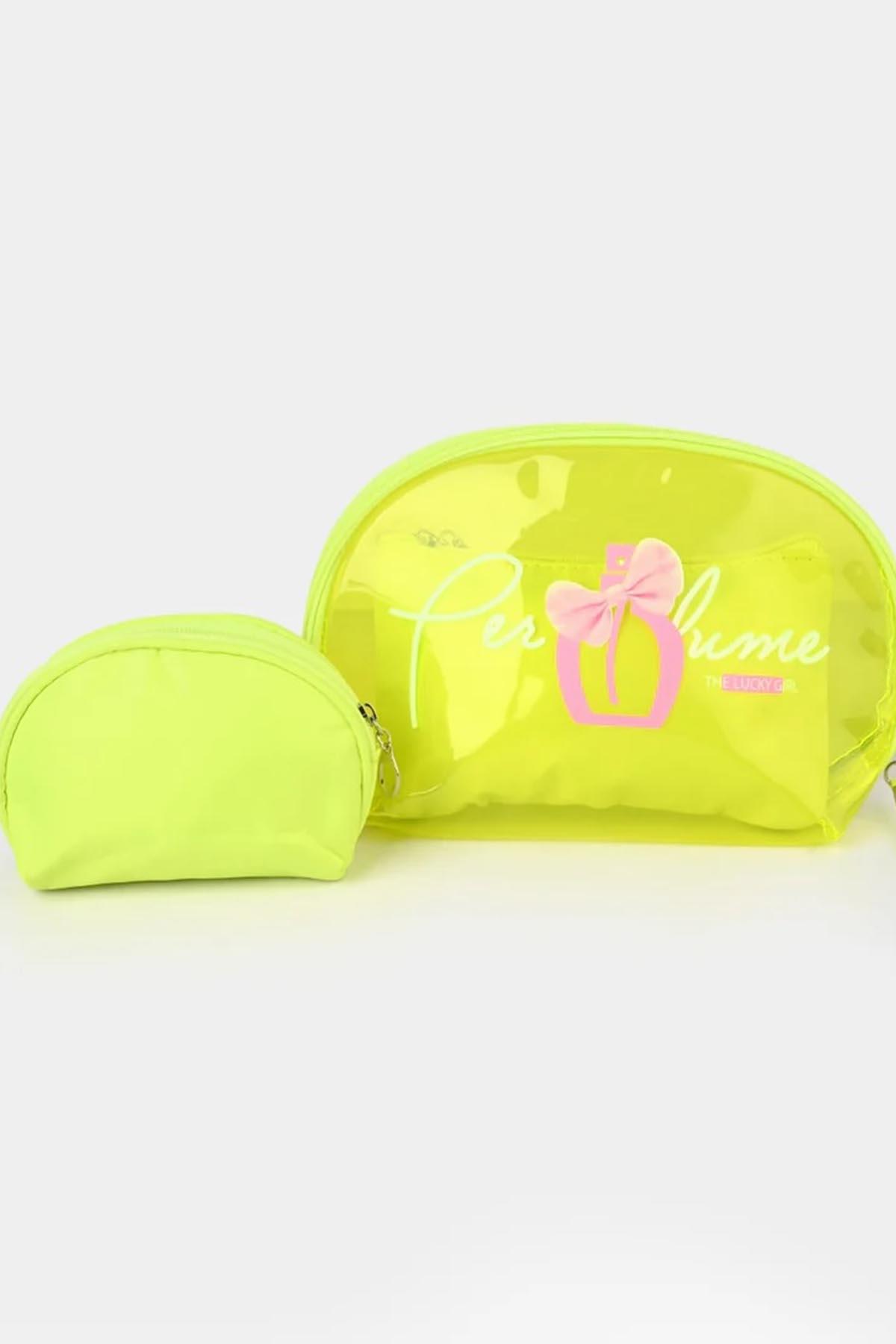 Neon Yeşil Şeffaf 3lü Makyaj Çantası