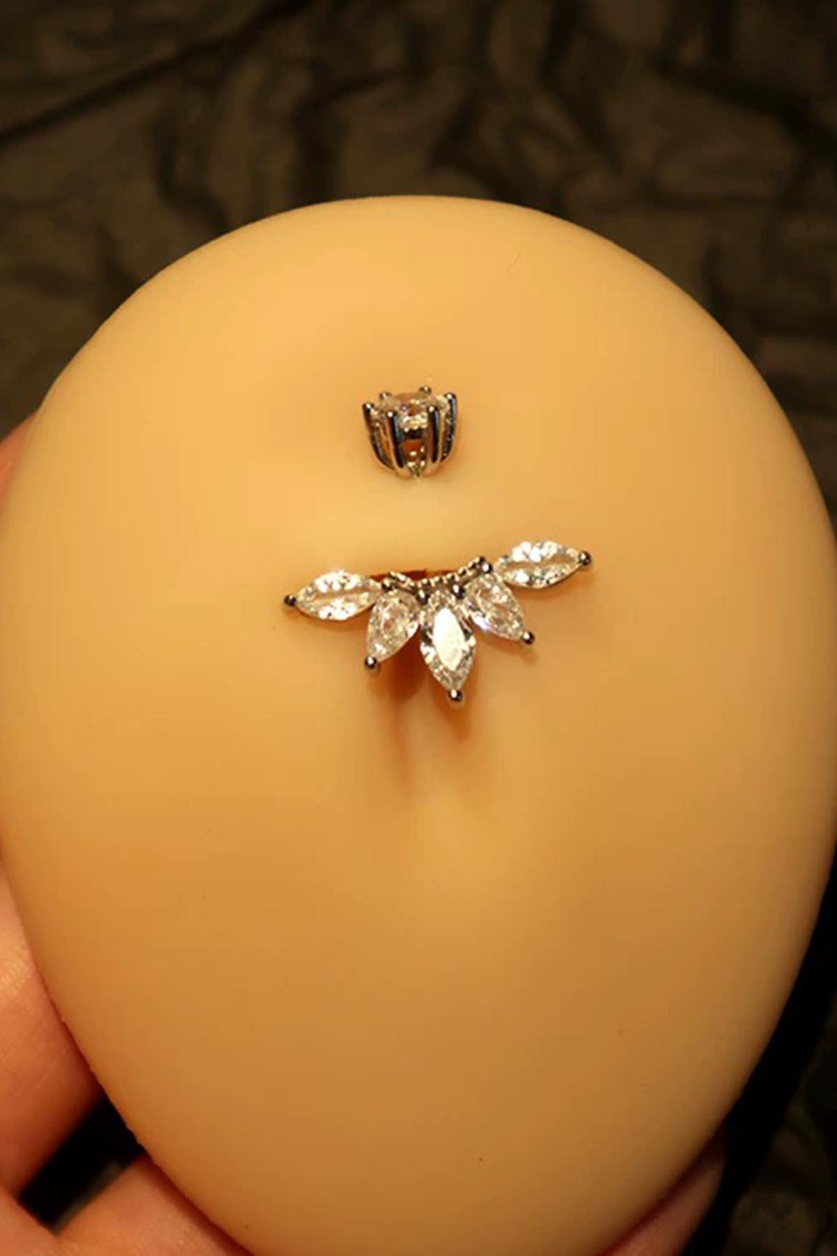 Gümüş Renk Cerrahi Çelik Taşlı Göbek Piercing