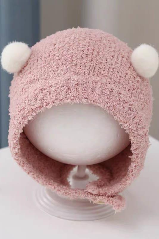 Pembe Renk Ponpon Detaylı Bebek Peluş Şapka