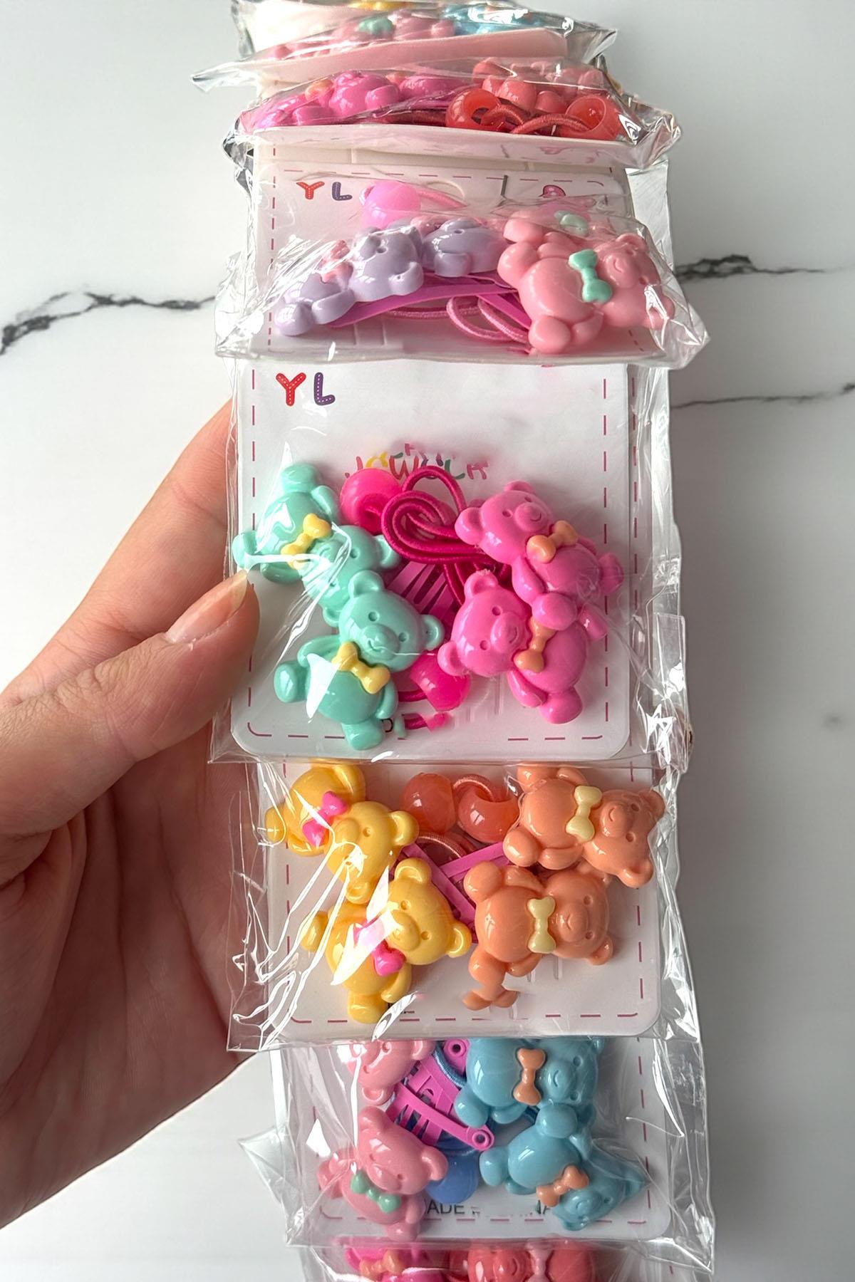 10lu Karışık Renk Ayıcık Figürlü Lastik Toka Ve Yan Toka Set 