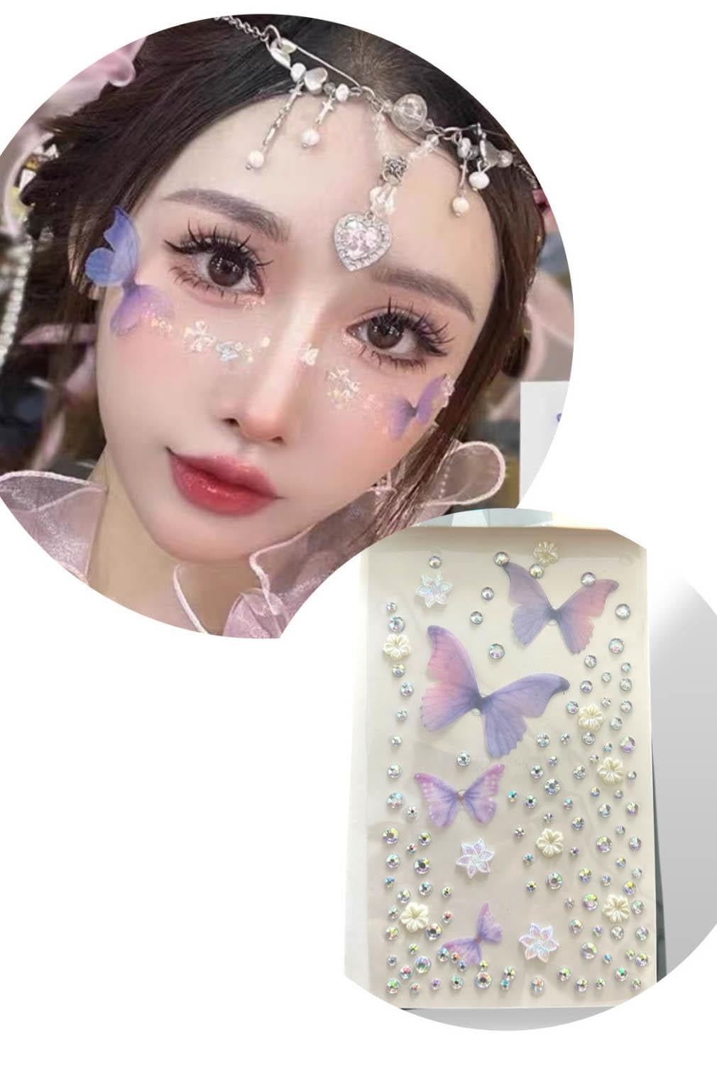 Mor Renk Kelebek Figürlü Taş Detaylı Yüz Taşı/ Yapışkanlı Taşlı Yüz Sticker