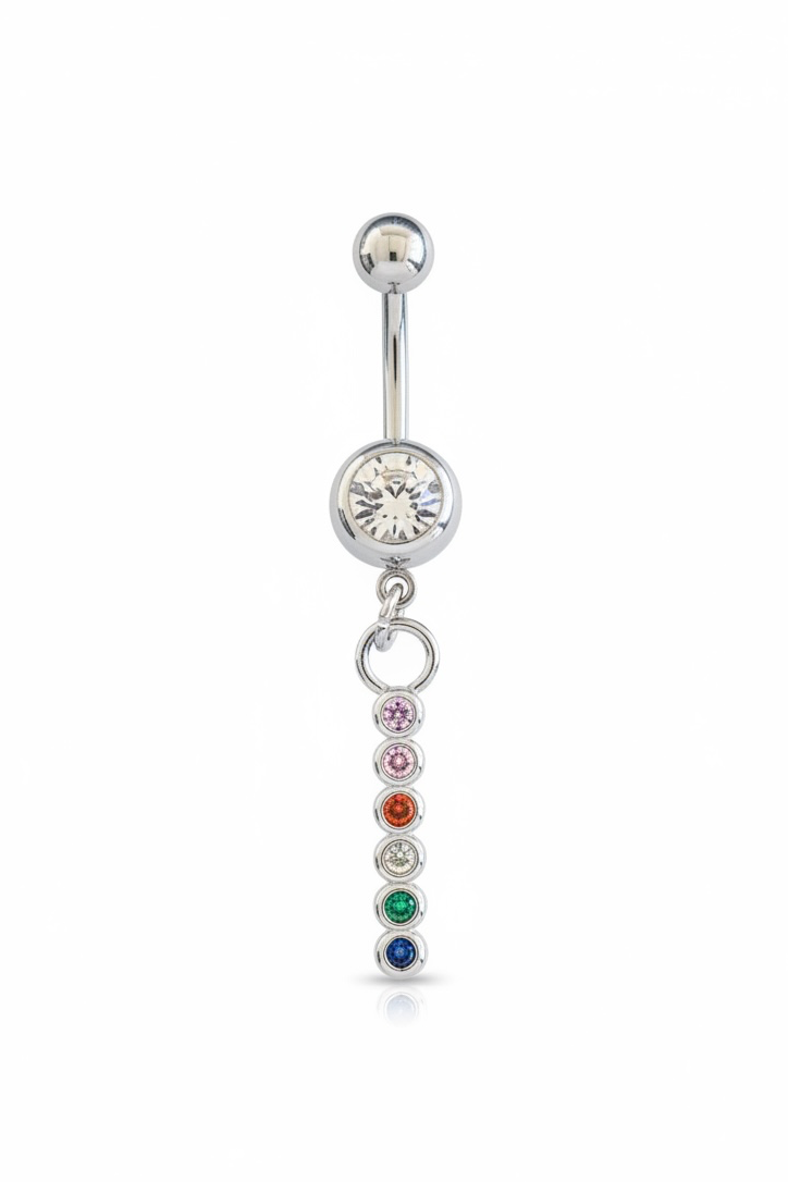 Gümüş Renk Taşlı Sallantılı Cerrahi Çelik Göbek Piercing