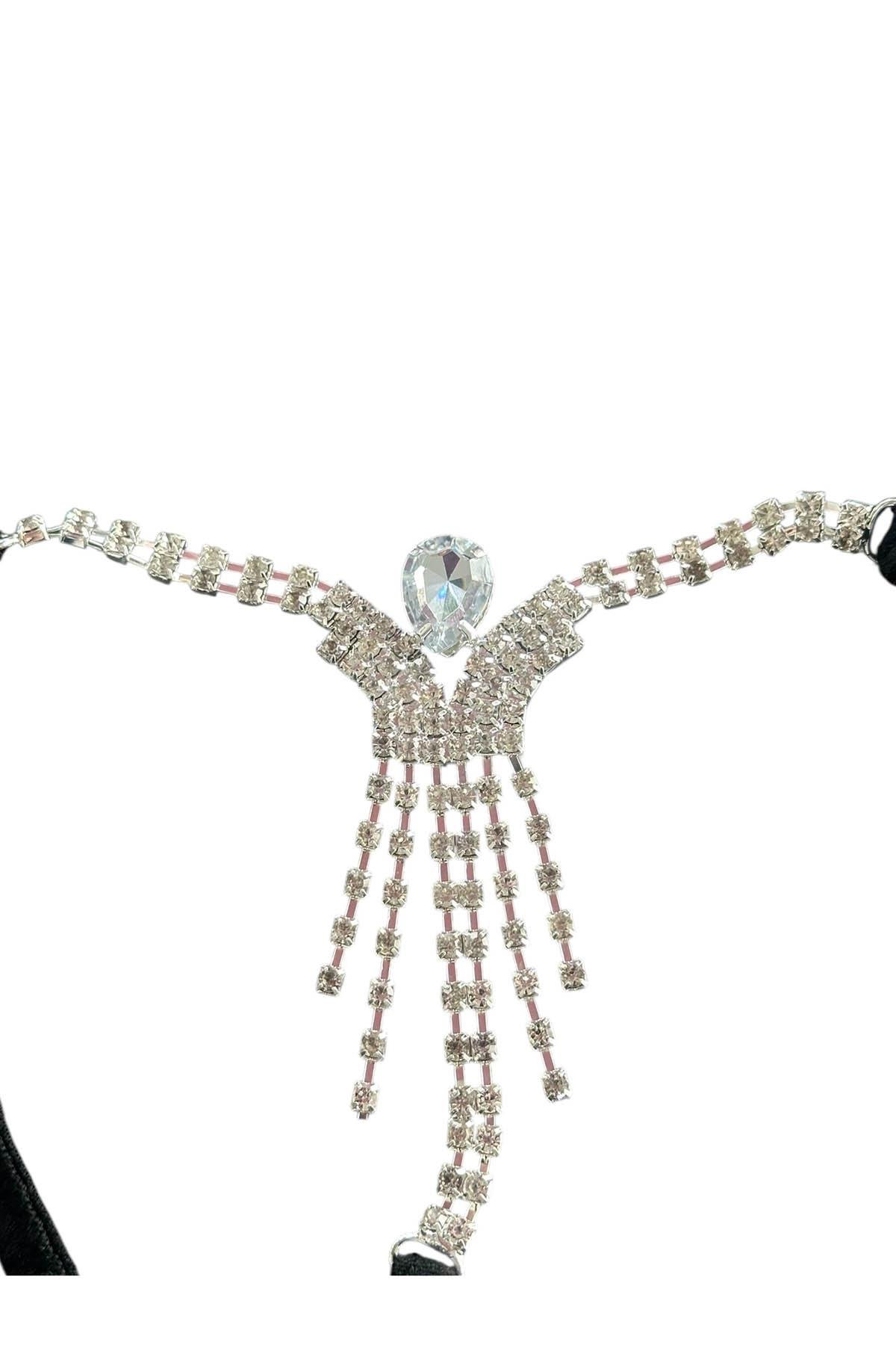 Siyah Renk Taş Detaylı Tanga