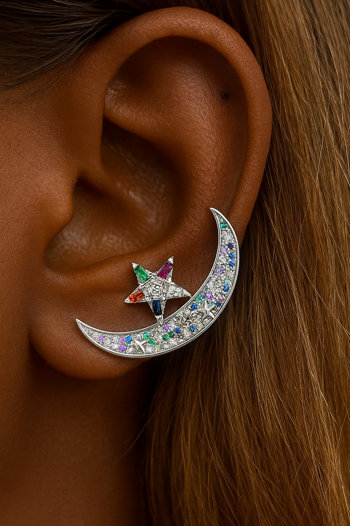 Gümüş Renk Ay Ve Yıldız Figürlü Taş Detaylı  Ear Cuff (Tek)