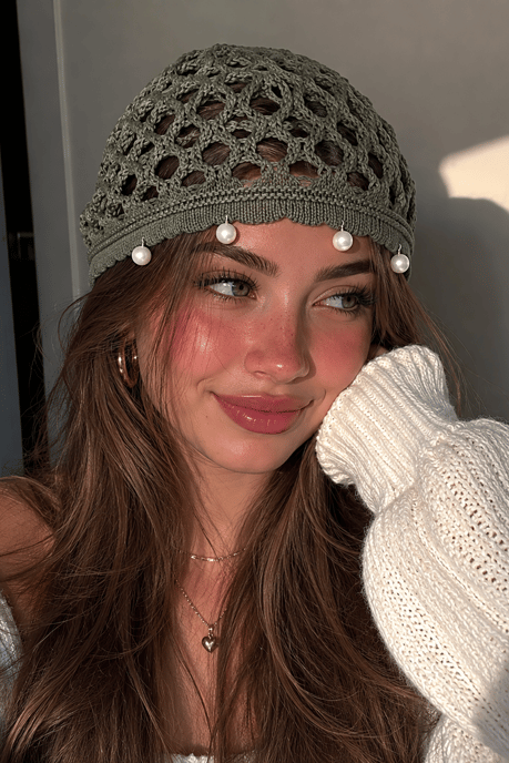 Yeşil Renk İnci Detaylı Örgü Saç Bandana