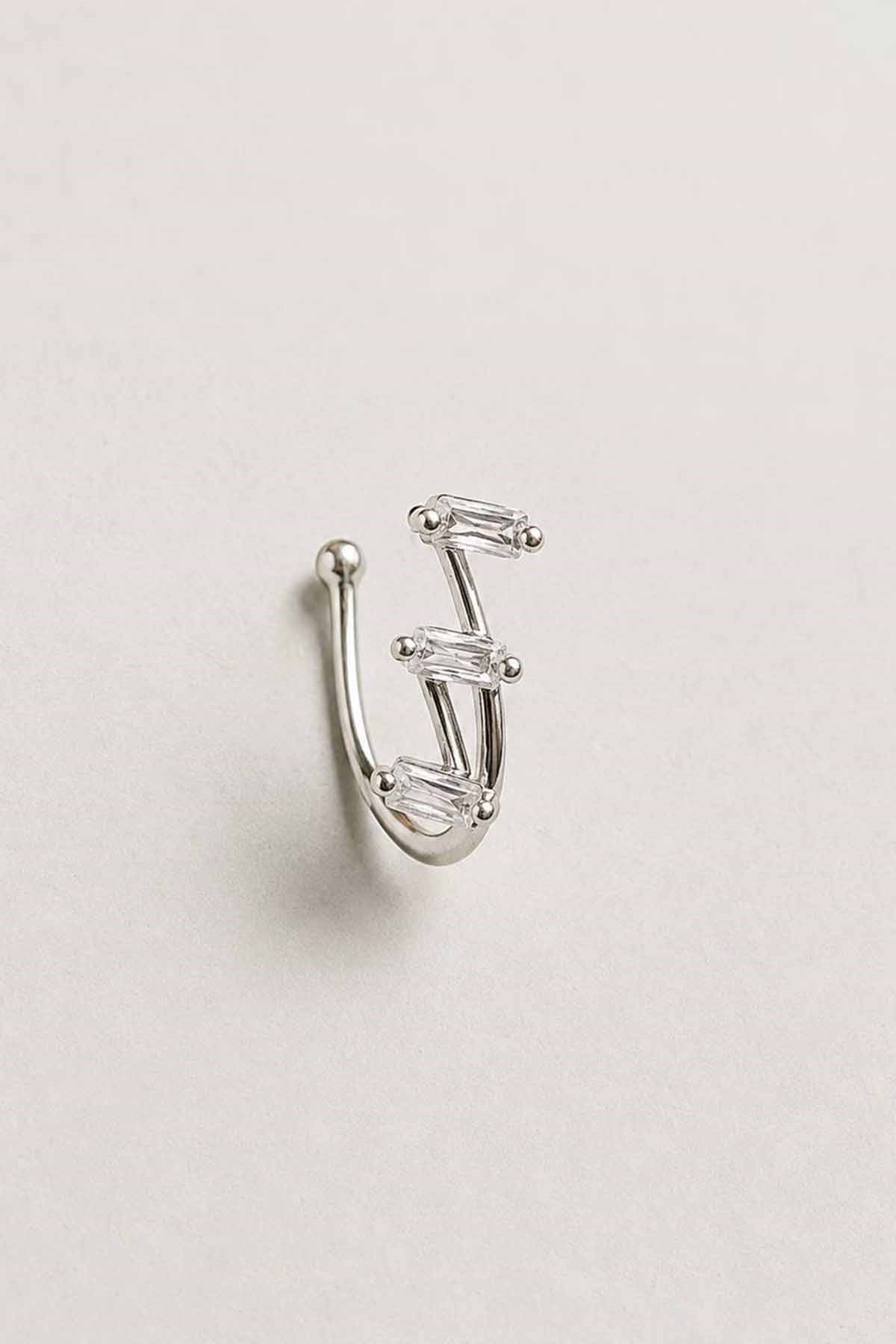 Gümüş Renk Taş Detaylı Deliksiz Kulak/Burun Piercing 