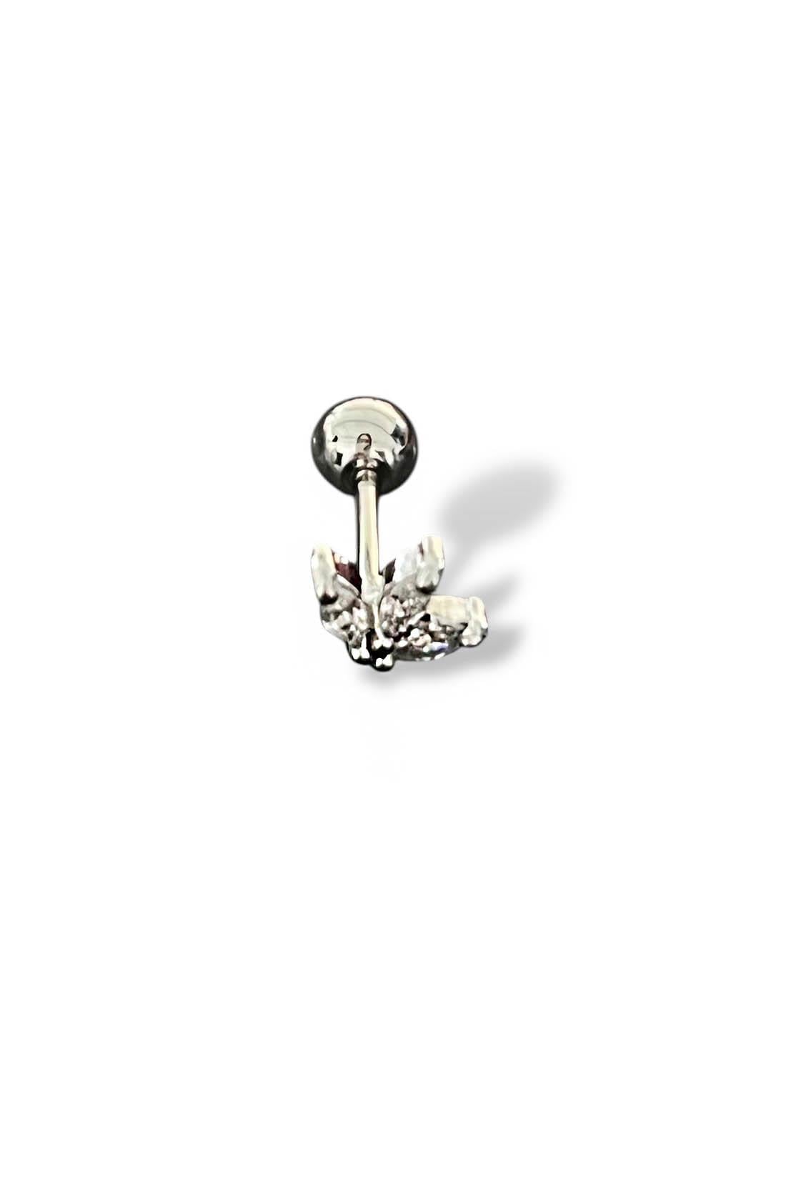 Gümüş Renk Taş Detaylı Cerrahi Çelik Tragus/Kıkırdak Küpe/Piercing (Tek)