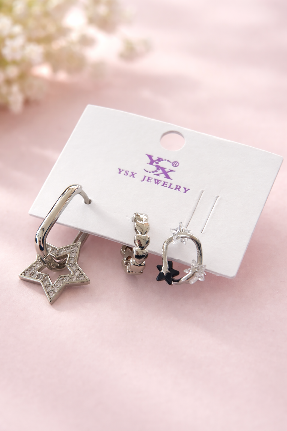 Gümüş Renk Yıldız Figürlü 3lü YSX Küpe Set